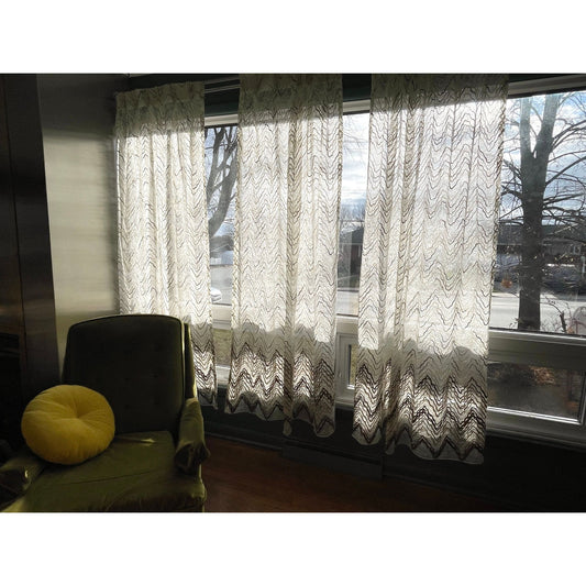 Vintage 70s net woven curtain, tan brown geometric stripes
