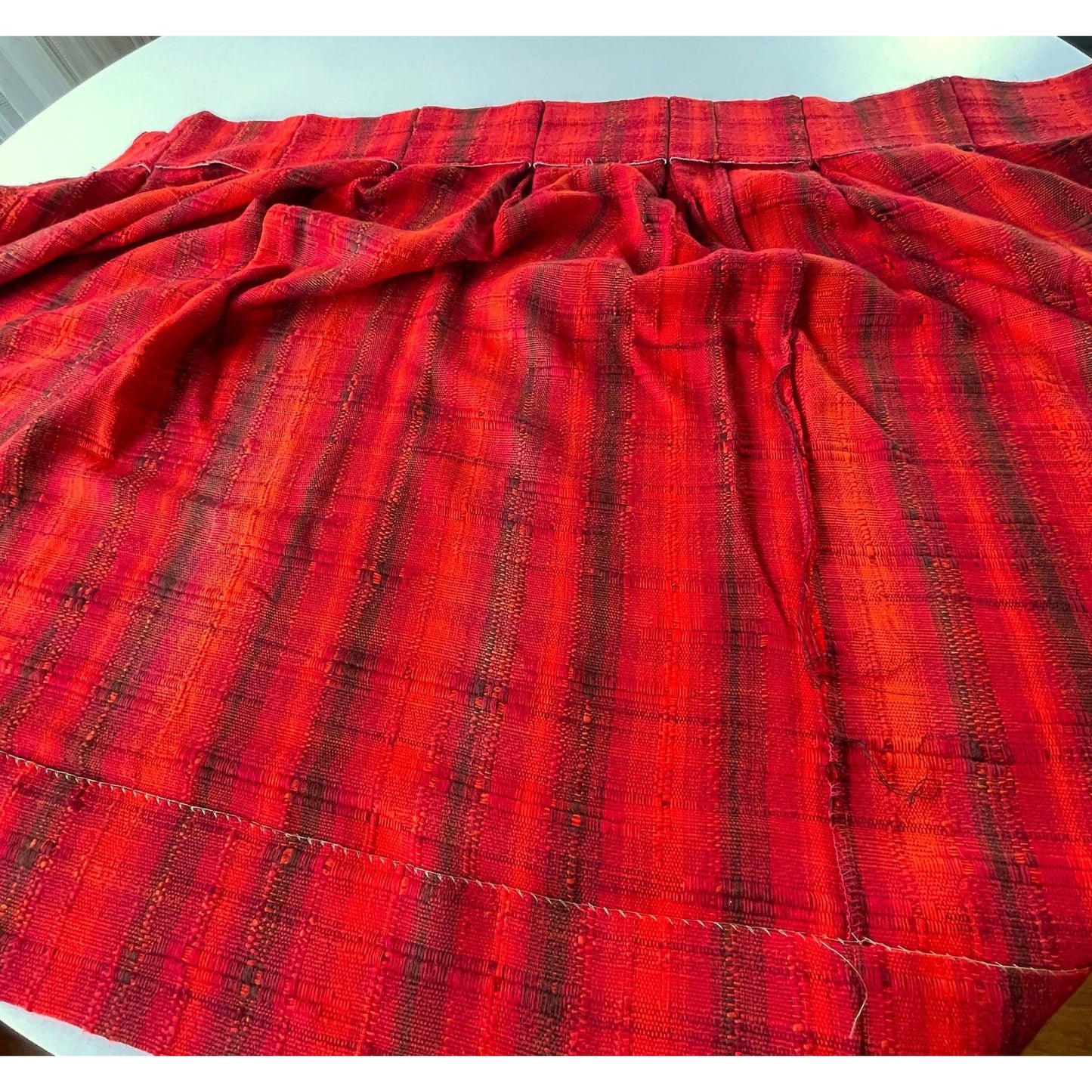 Vintage 70s pleated curtain, red stripes, woven panel