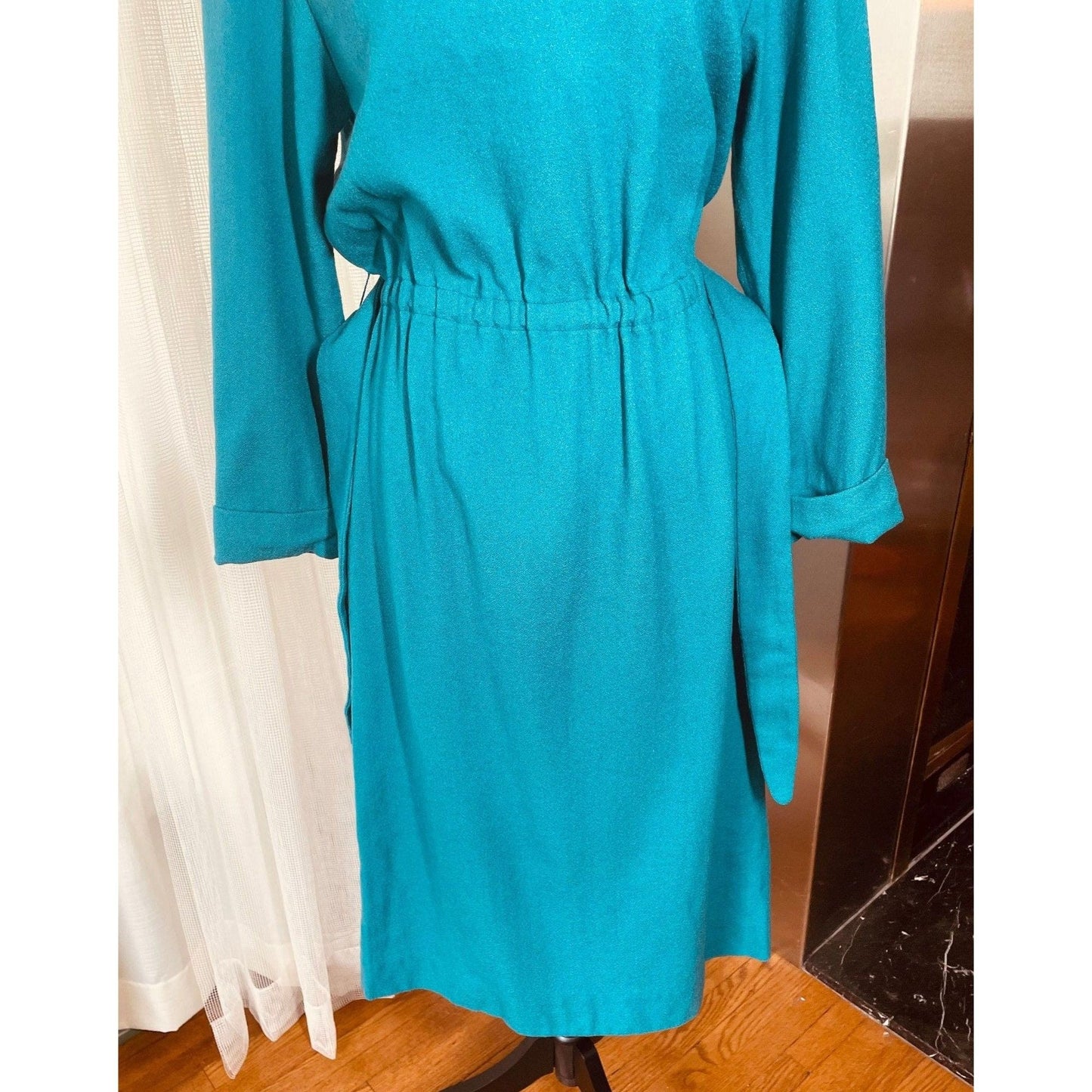 Vintage 60s dress, teal/turquoise, long sleeves, wool, AlJean