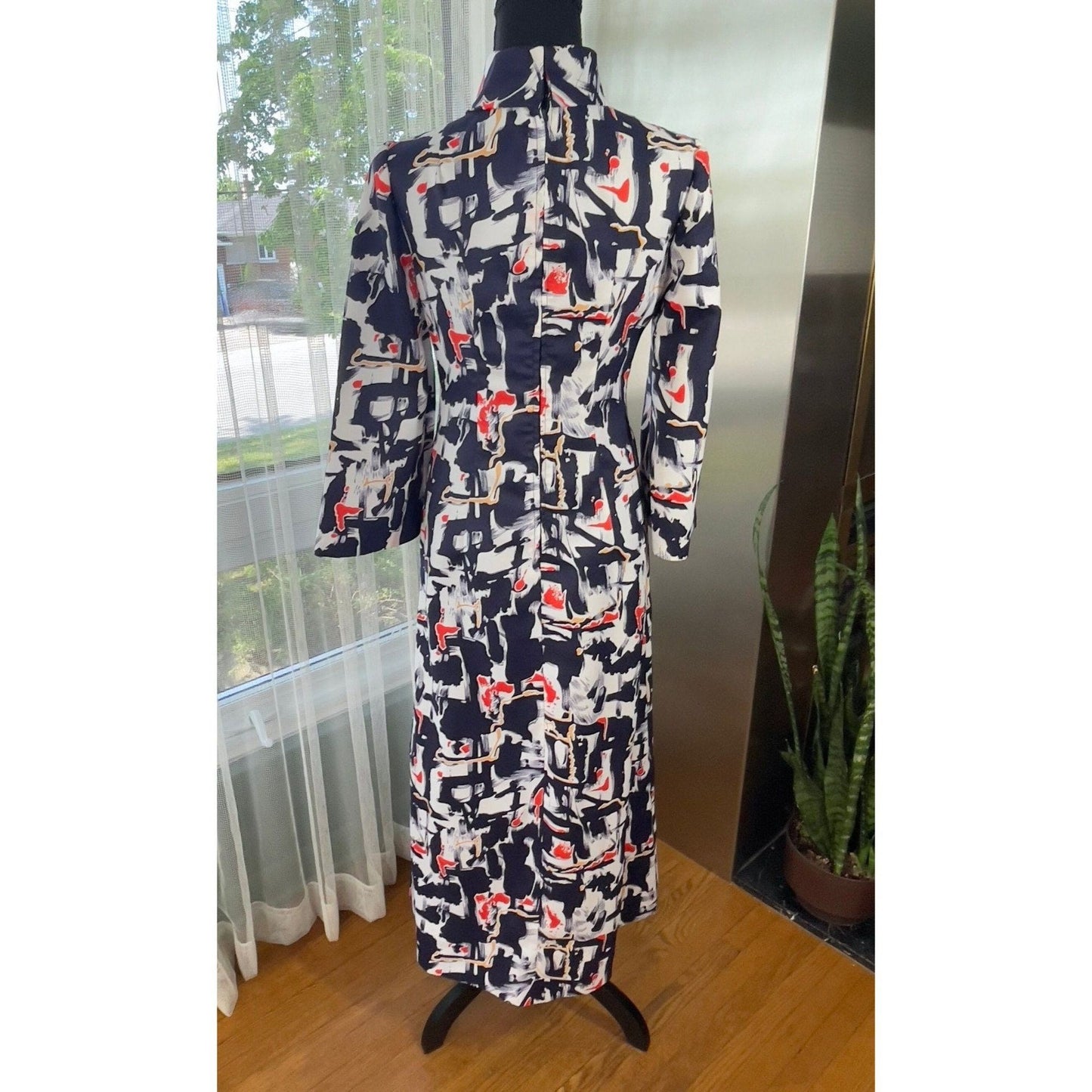 Vintage 70s maxi dress, blue, white and red MOD pattern, long sleeves, front double slit