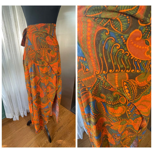 Vintage 70s flower power wrap skirt, handmade, orange green & blue psychedelic pattern