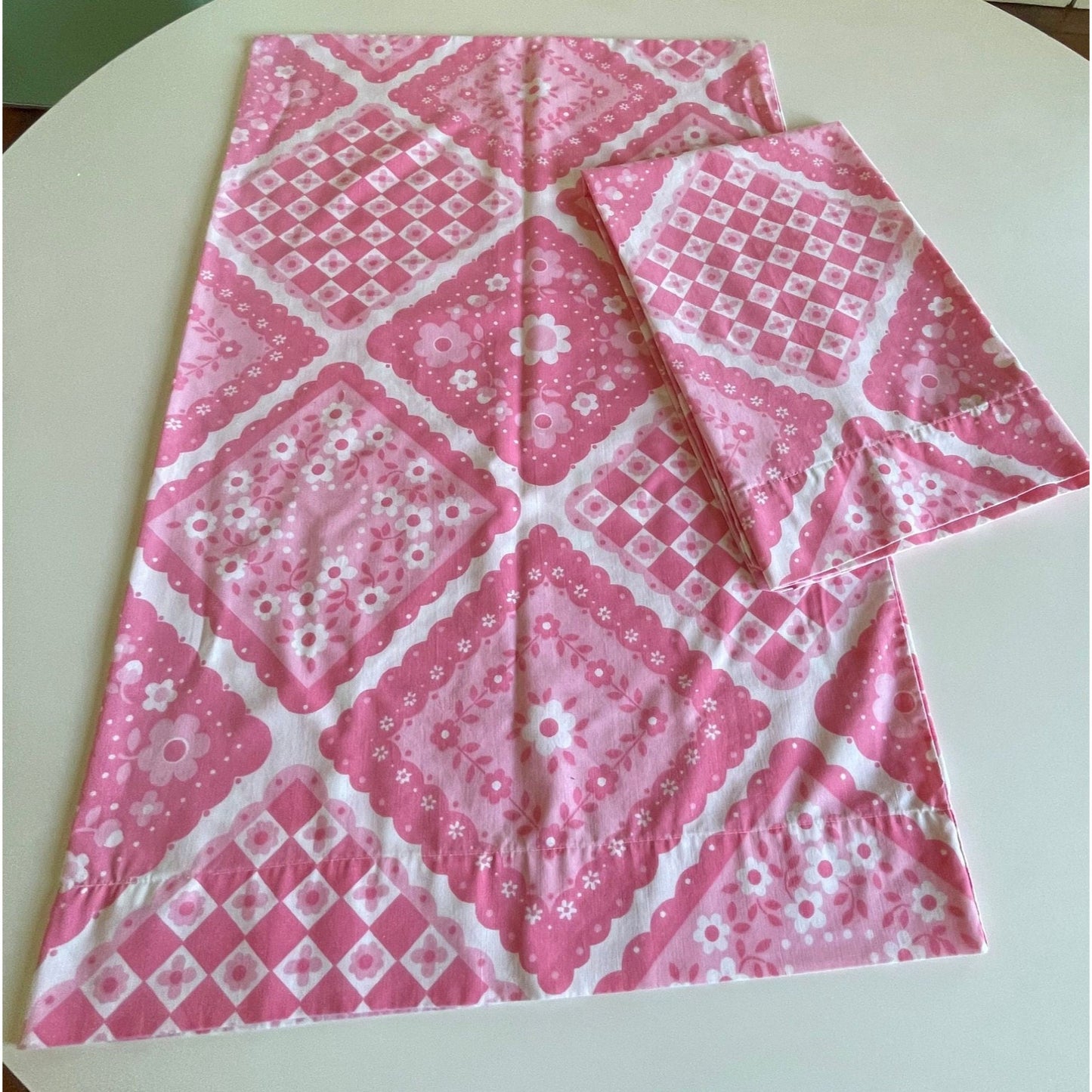 Vintage 70s pillowcases set, pink patchwork floral