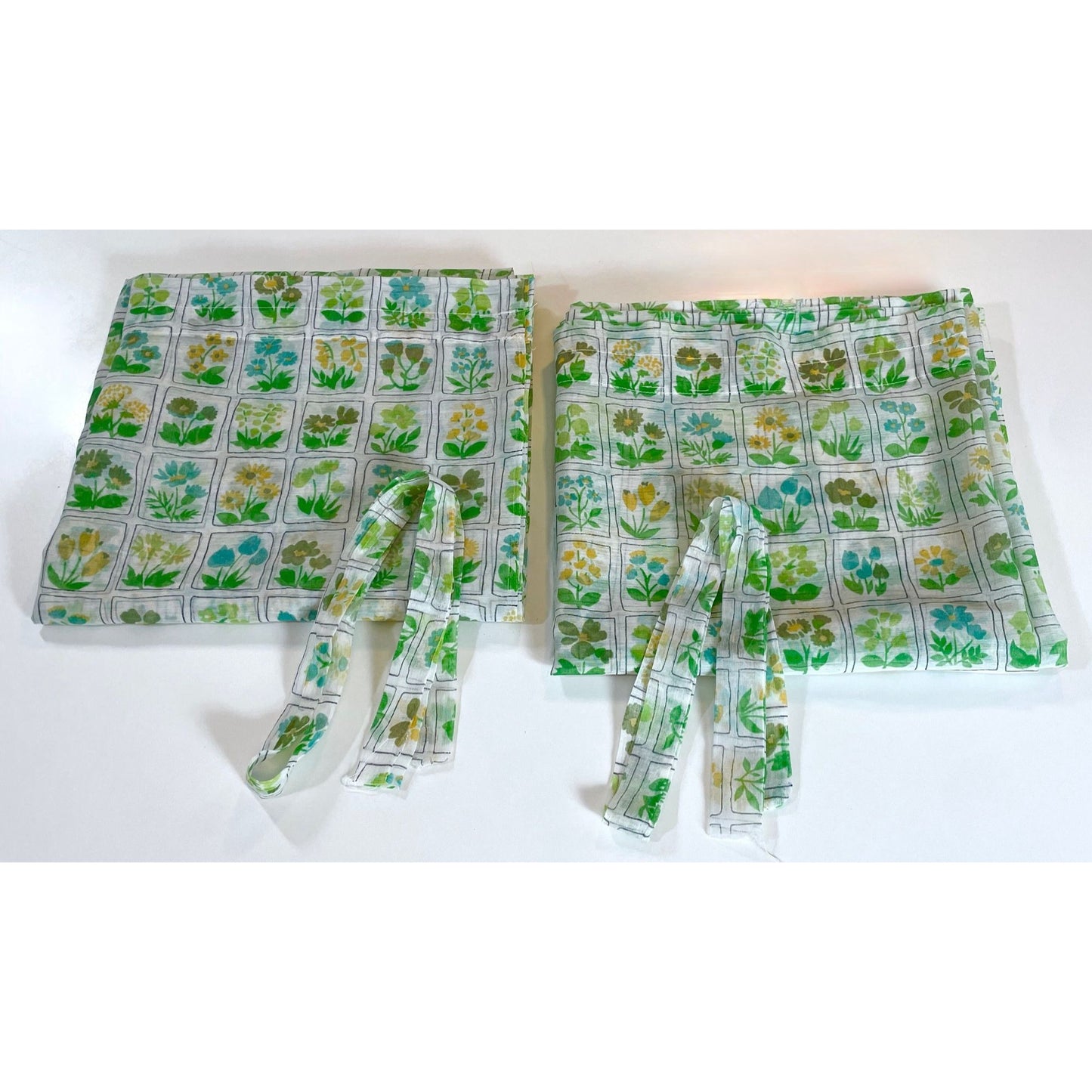 Vintage 80s curtains, sheer green yellow floral, pair with tiebacks