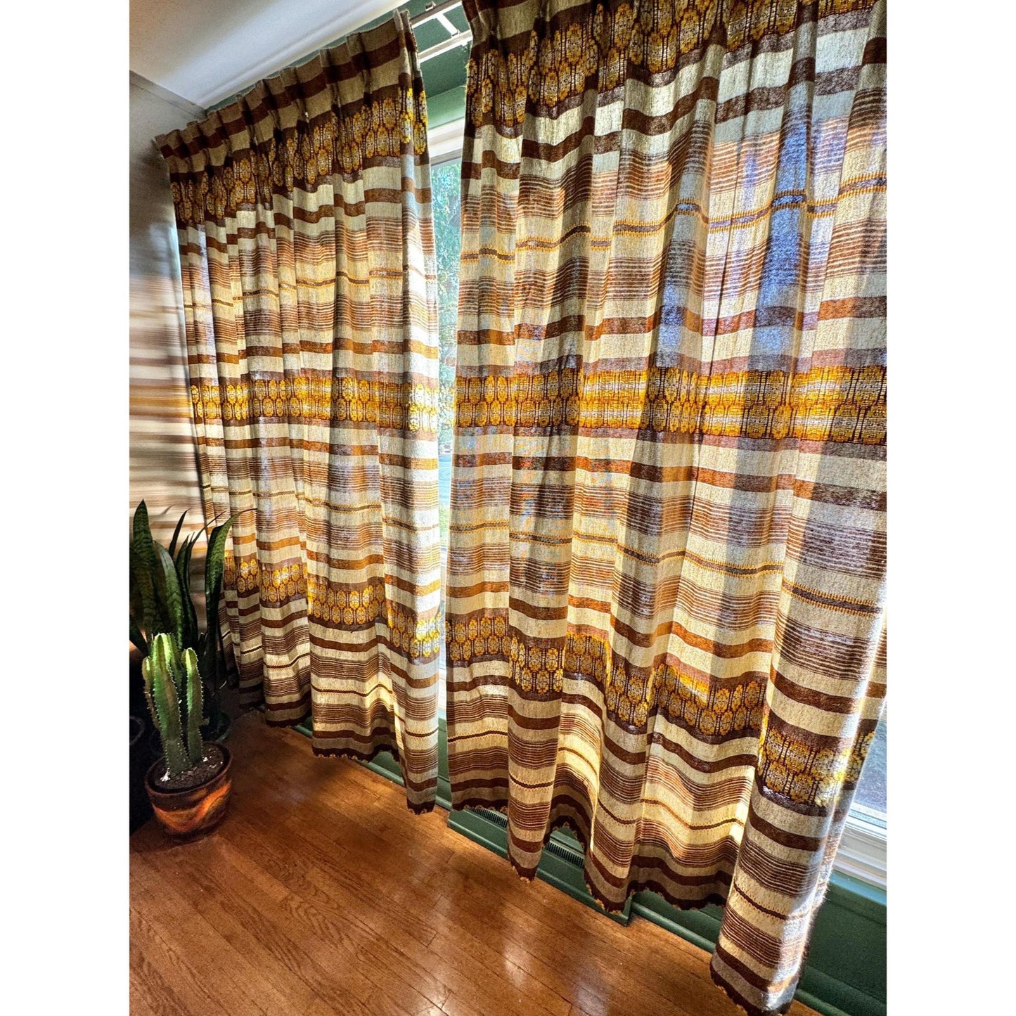 Vintage 70s pleated curtain, beige brown yellow stripes, heavy woven panel