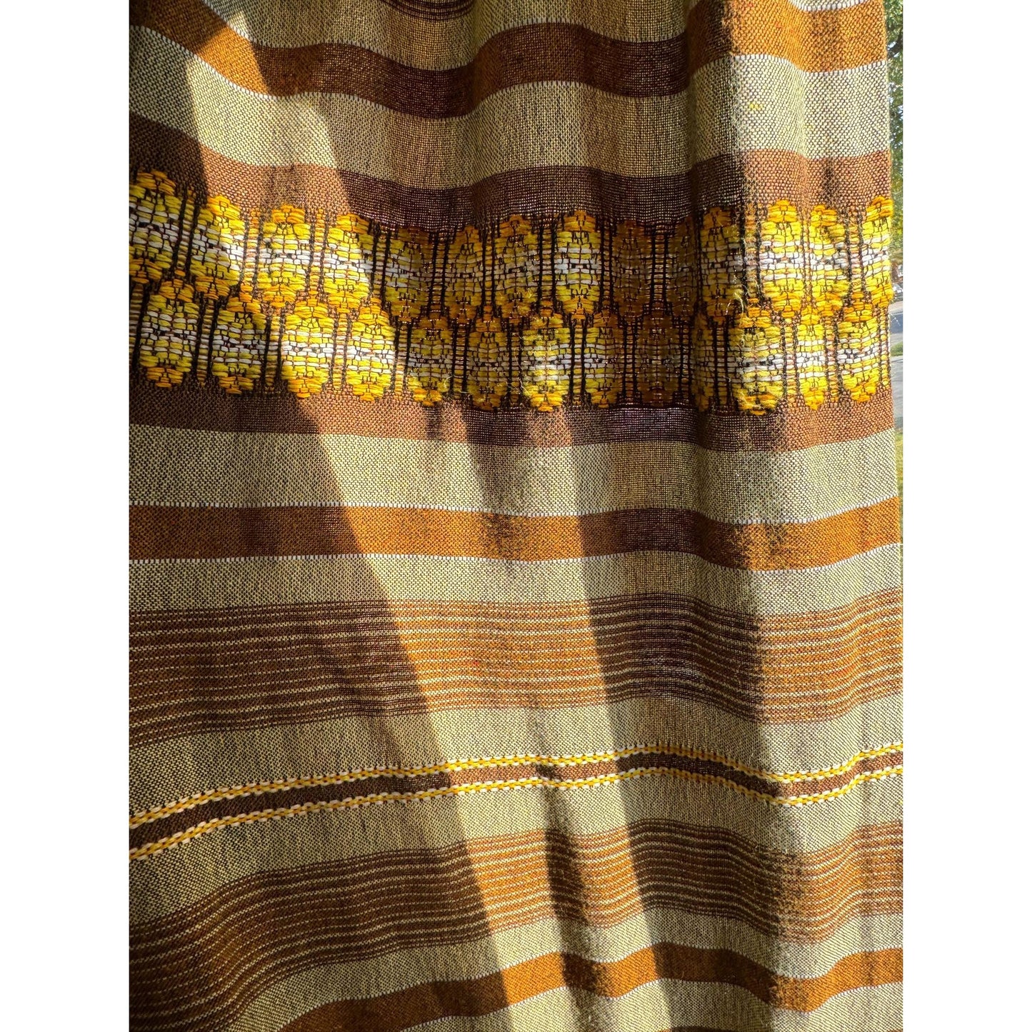 Vintage 70s pleated curtain, beige brown yellow stripes, heavy woven panel