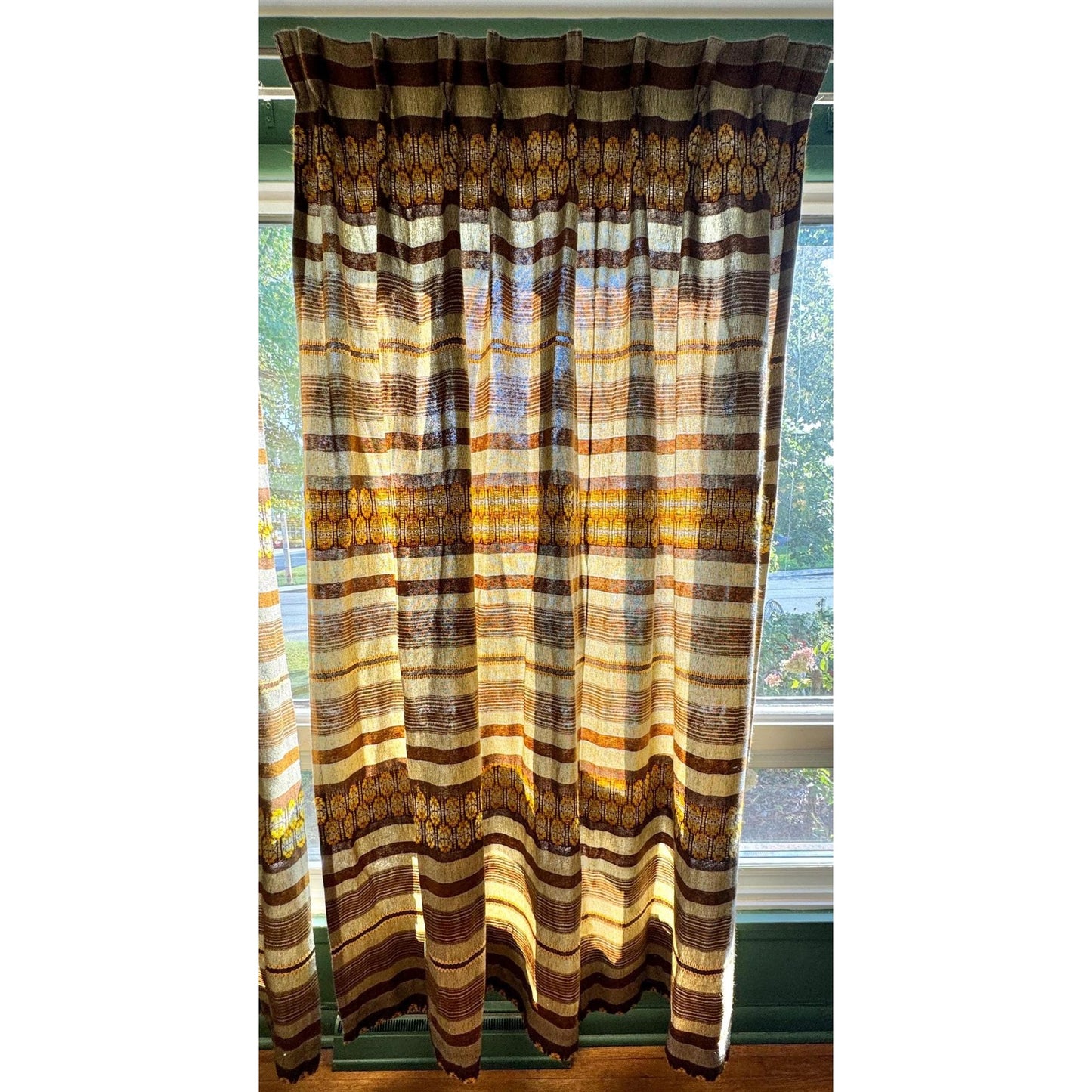 Vintage 70s pleated curtain, beige brown yellow stripes, heavy woven panel