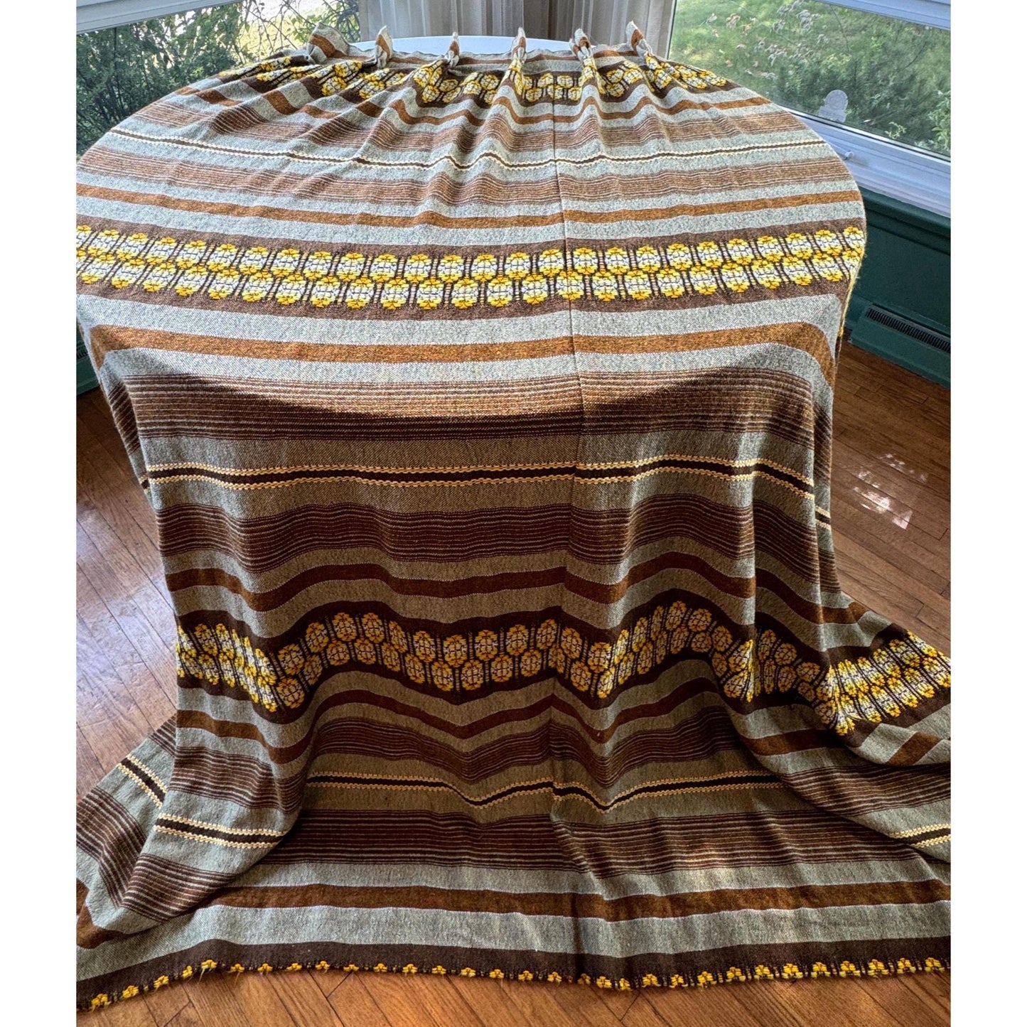 Vintage 70s pleated curtain, beige brown yellow stripes, heavy woven panel