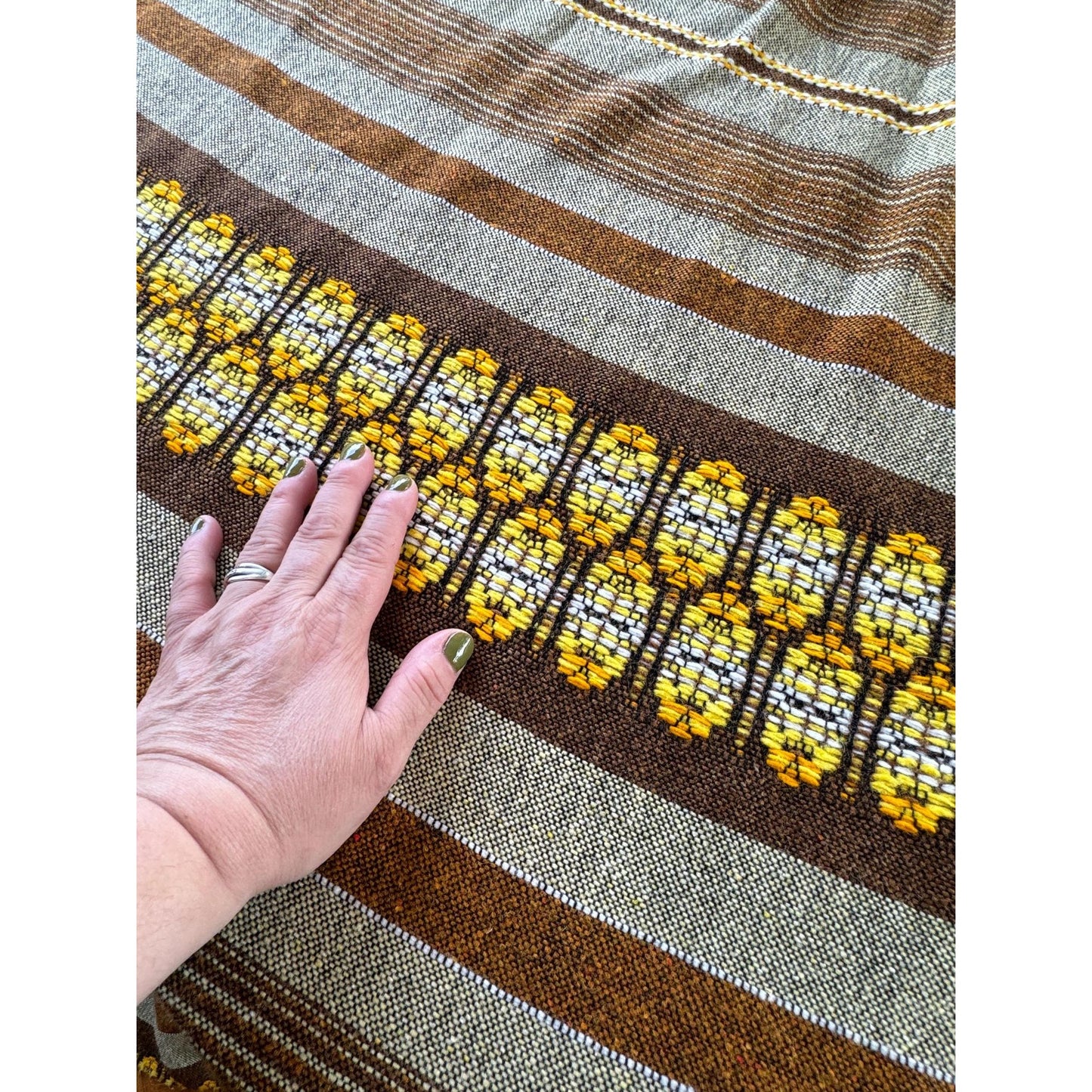 Vintage 70s pleated curtain, beige brown yellow stripes, heavy woven panel