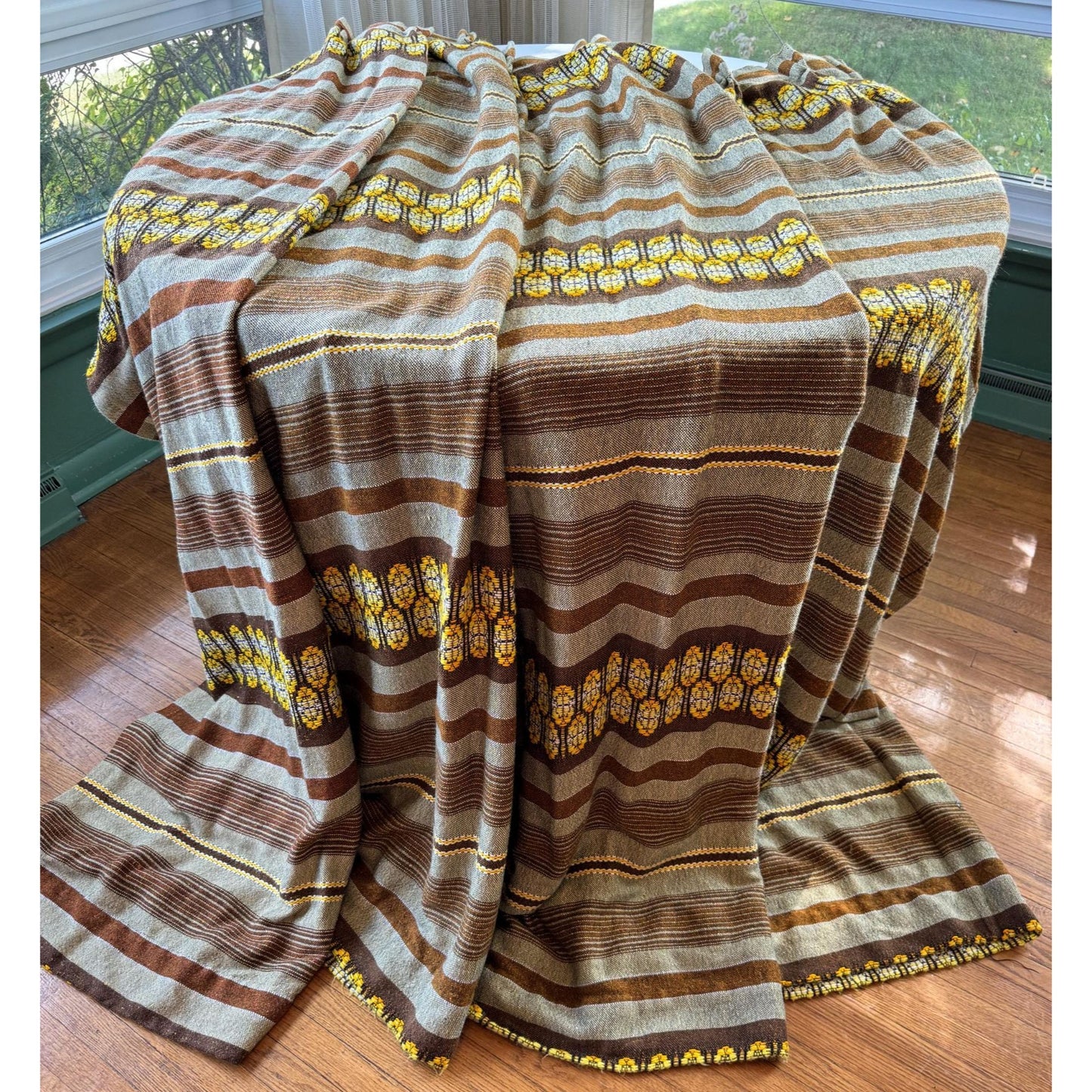 Vintage 70s pleated curtain, beige brown yellow stripes, heavy woven panel