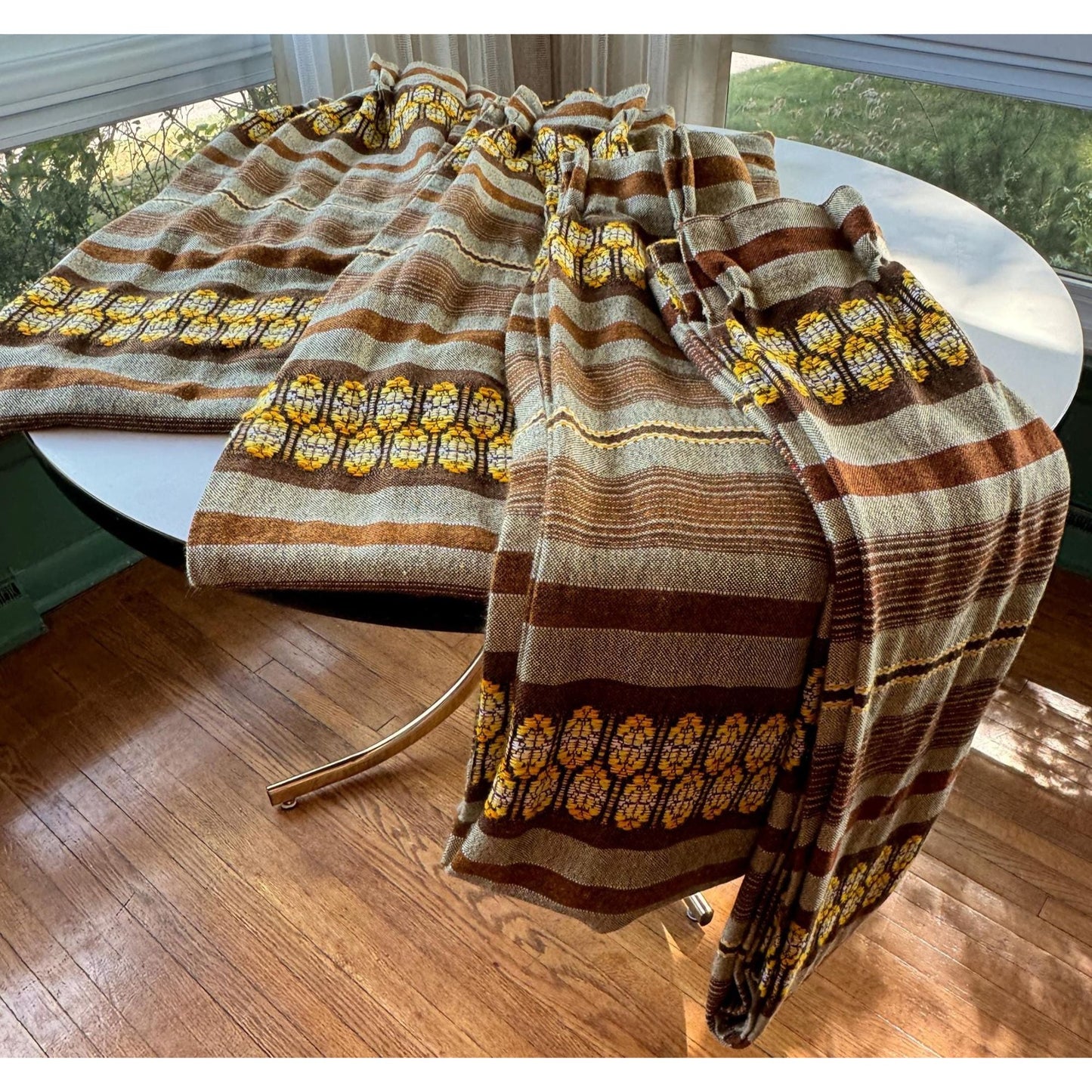 Vintage 70s pleated curtain, beige brown yellow stripes, heavy woven panel