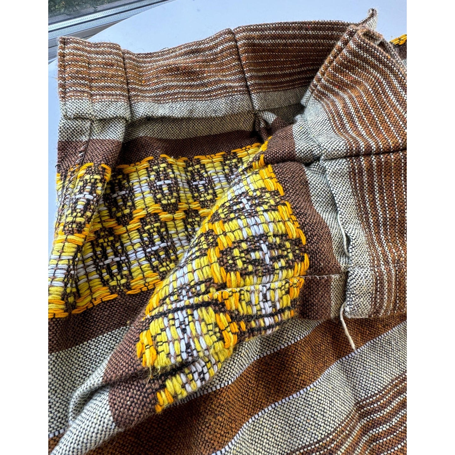 Vintage 70s pleated curtain, beige brown yellow stripes, heavy woven panel