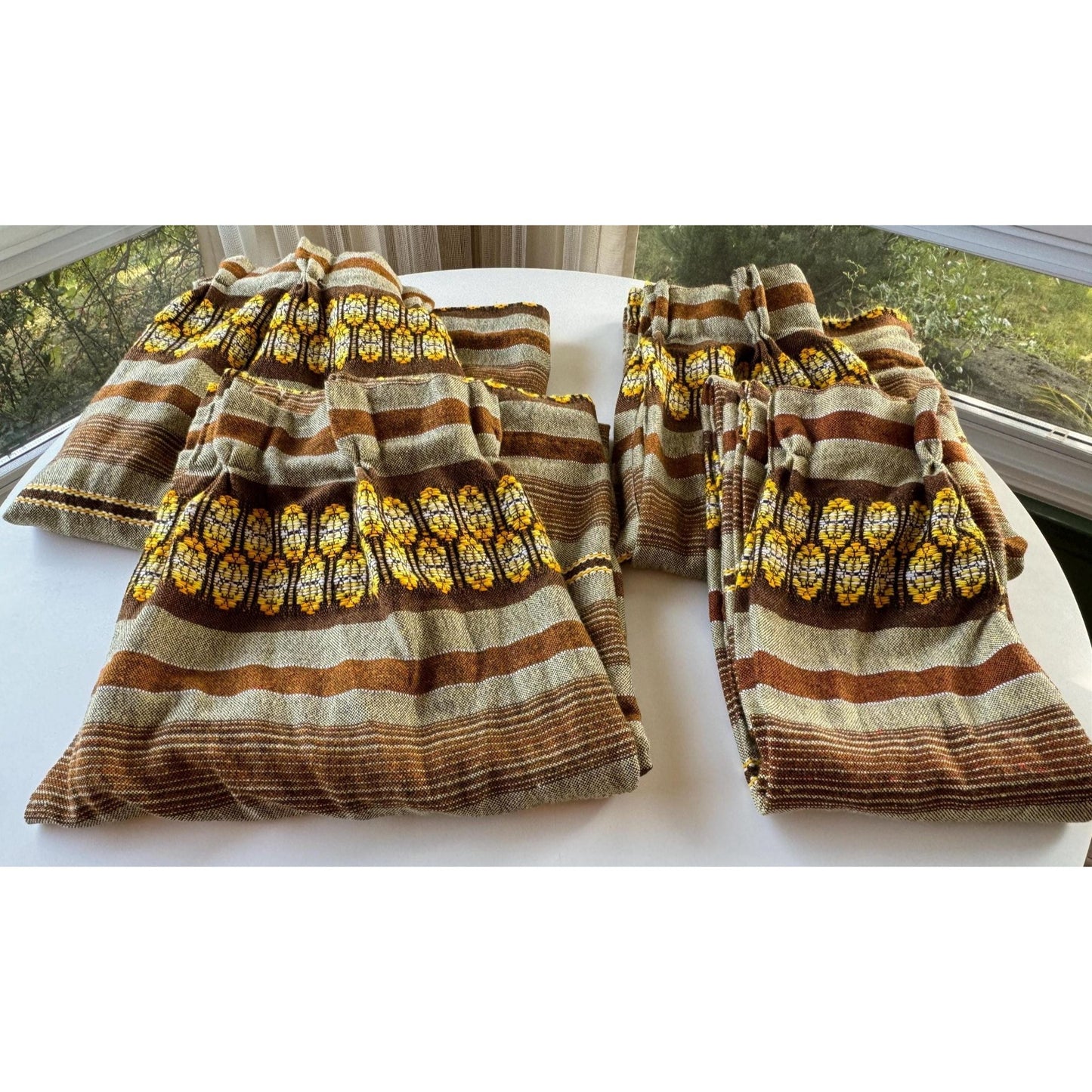 Vintage 70s pleated curtain, beige brown yellow stripes, heavy woven panel