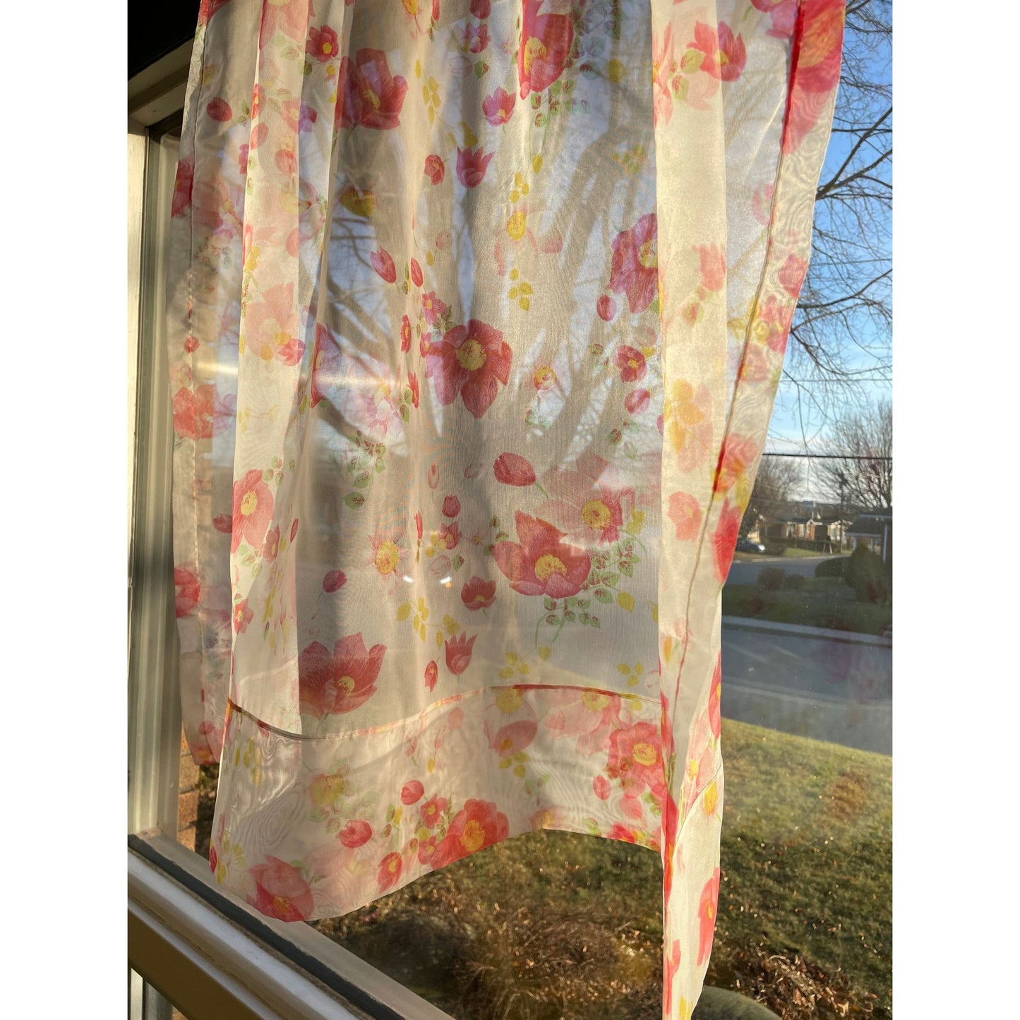 Vintage 70s pleated curtain, pink floral, sheer panel