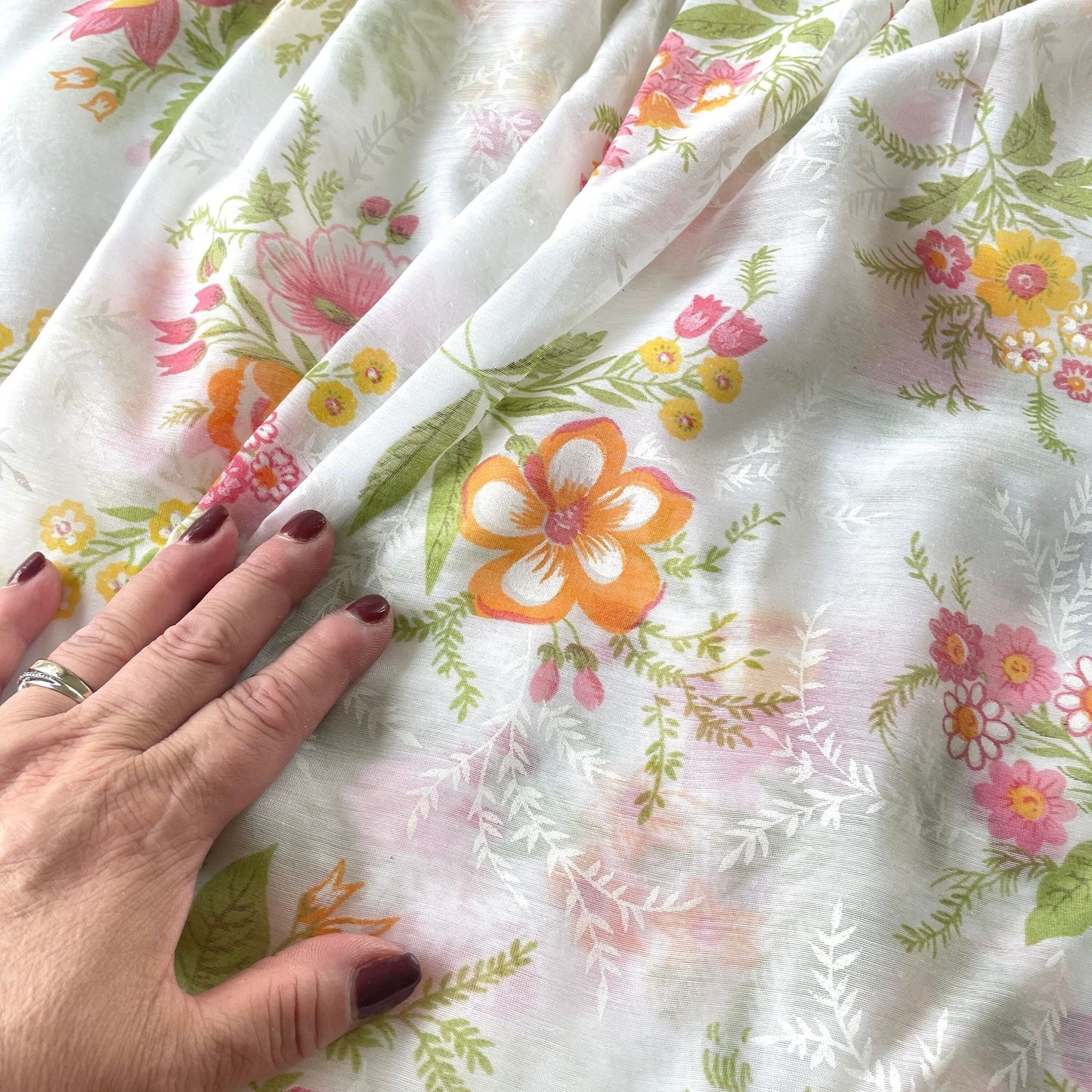 Vintage 70s pleated curtains, orange pink yellow flowers