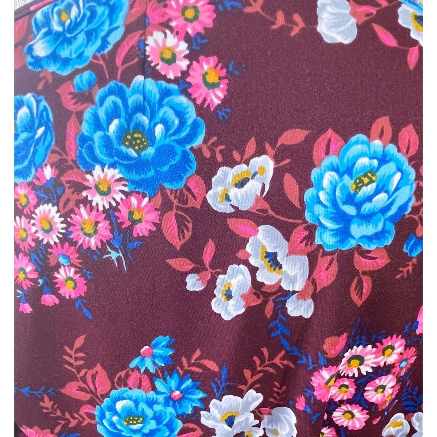 Vintage 70s house dress, burgundy red, blue and pink large flowers