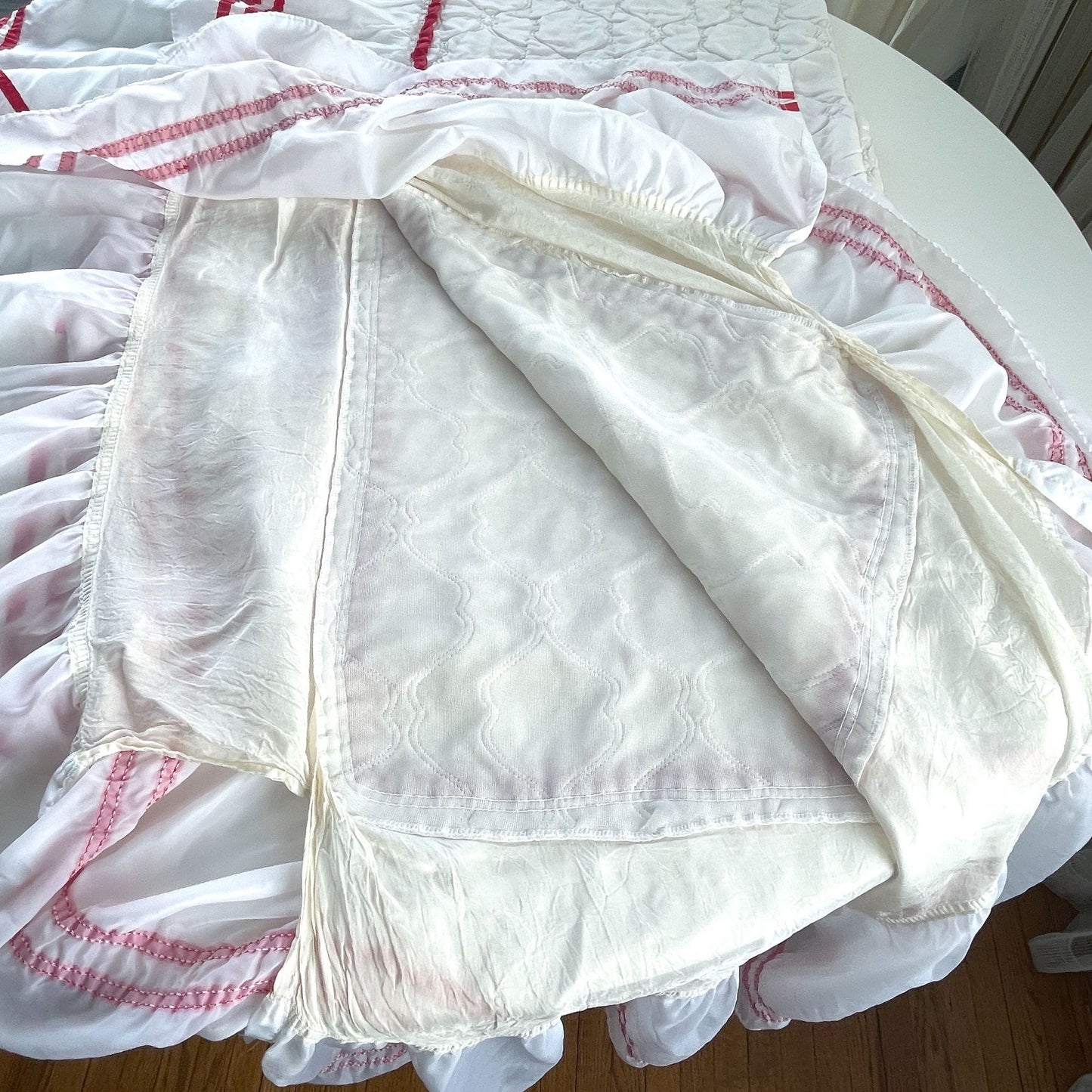Vintage 80s ruffled satin bedspread, twin size, white with red ribbons