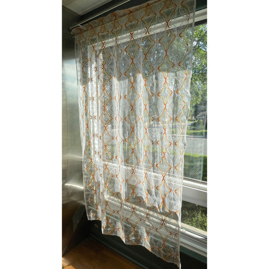 Vintage 70s geometric orange white mesh curtain