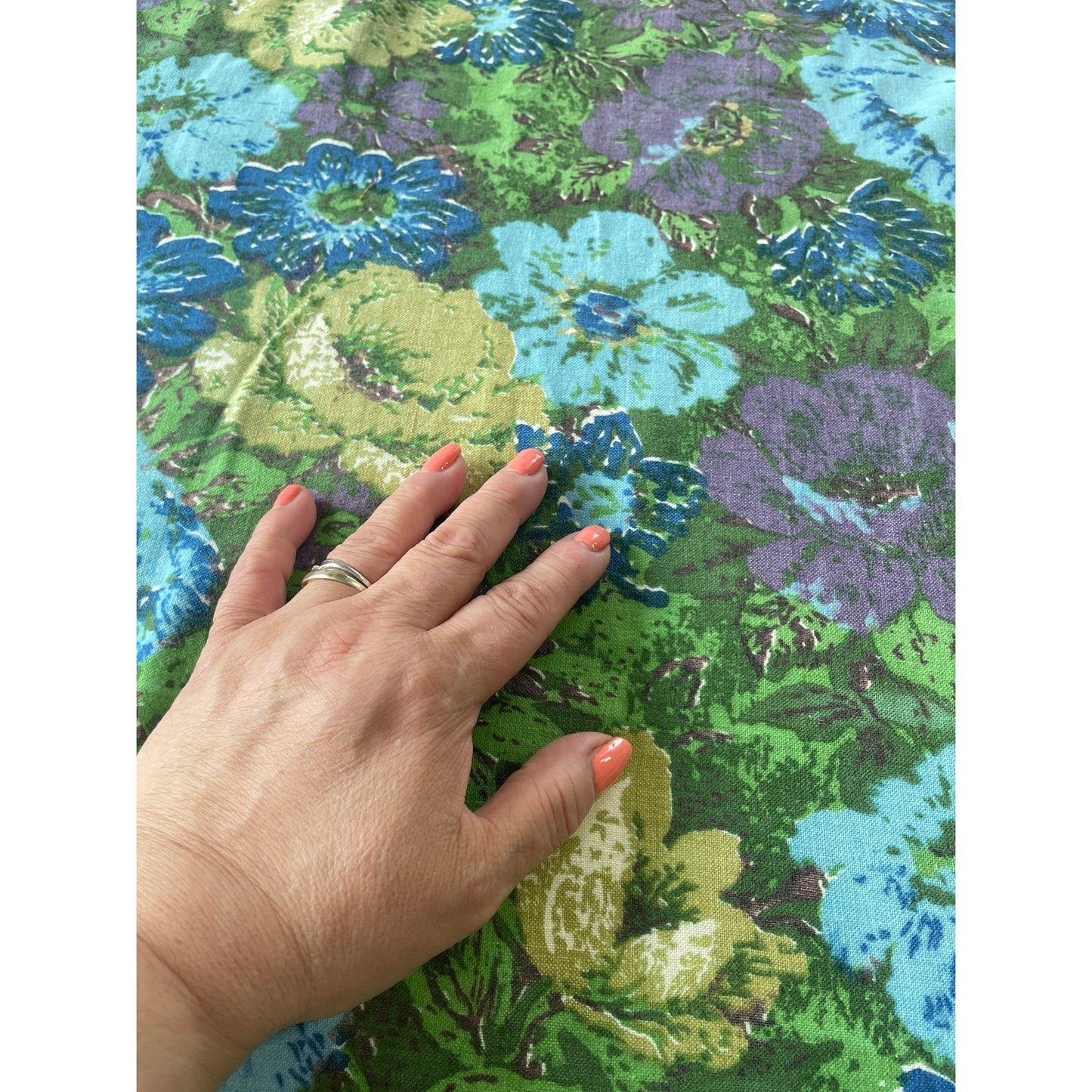 Vintage 60s  green blue purple floral curtain panel