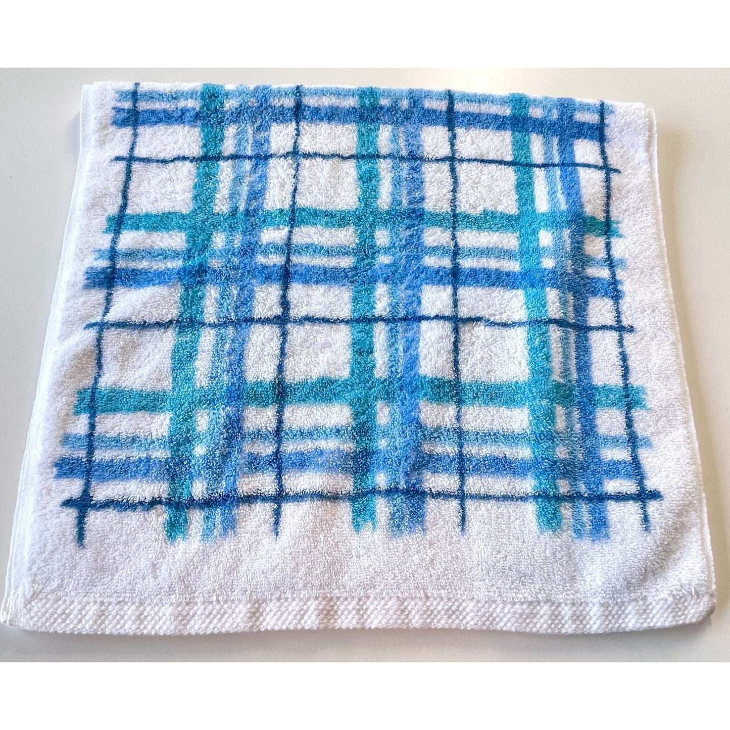 Vintage 80s hand towel, blue plaid pattern, Springmaid