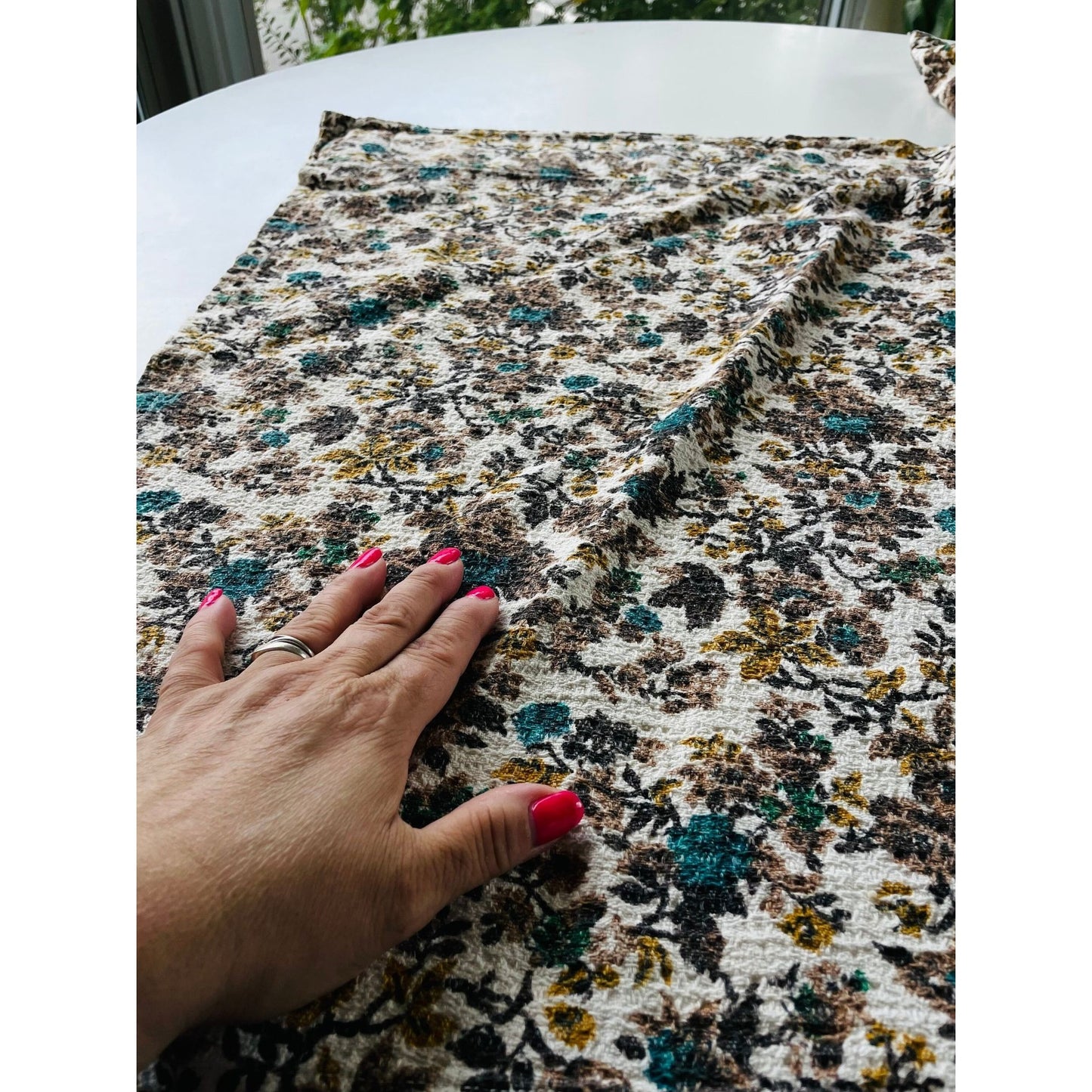 Vintage 60s brown blue floral barkcloth curtain single panel