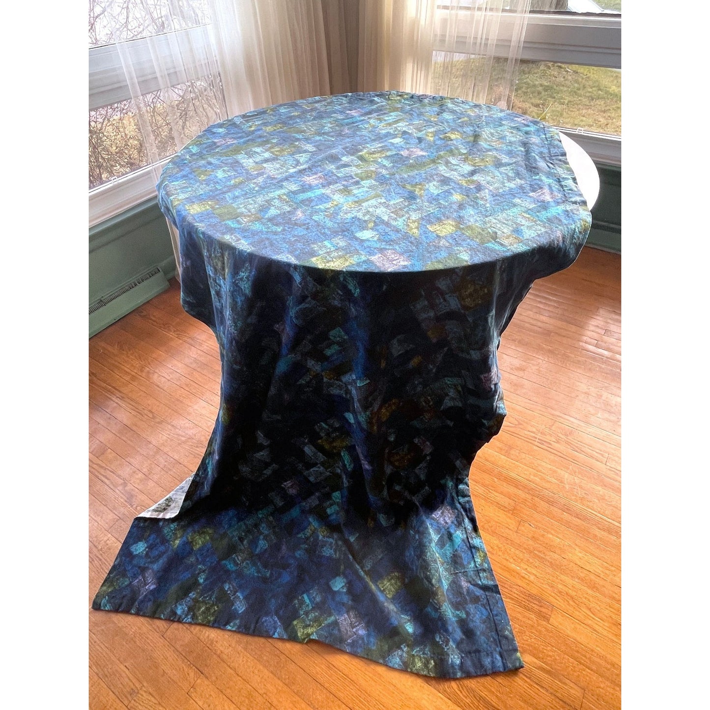 Vintage 70s pleated curtain, blue, green and purple geometric pattern