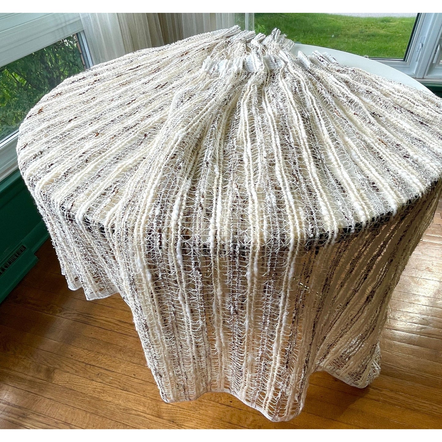 Vintage 70s net woven pleated beige and brown curtains