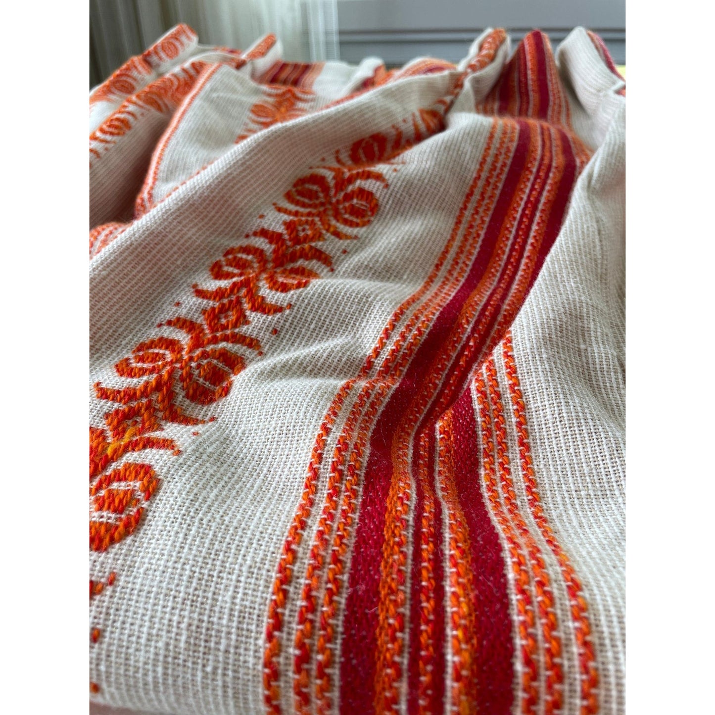 Vintage 70s pleated curtain, red, orange vertical stripes