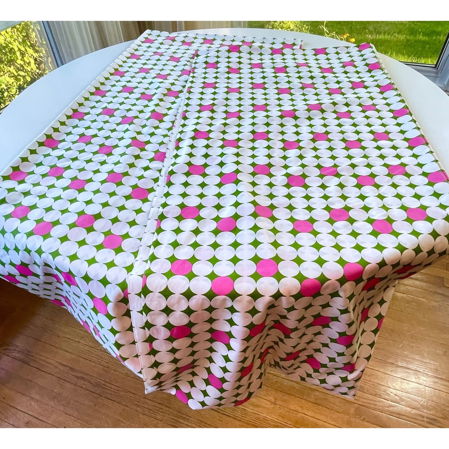 Vintage 70s curtain panels, hot pink and green geometric pattern