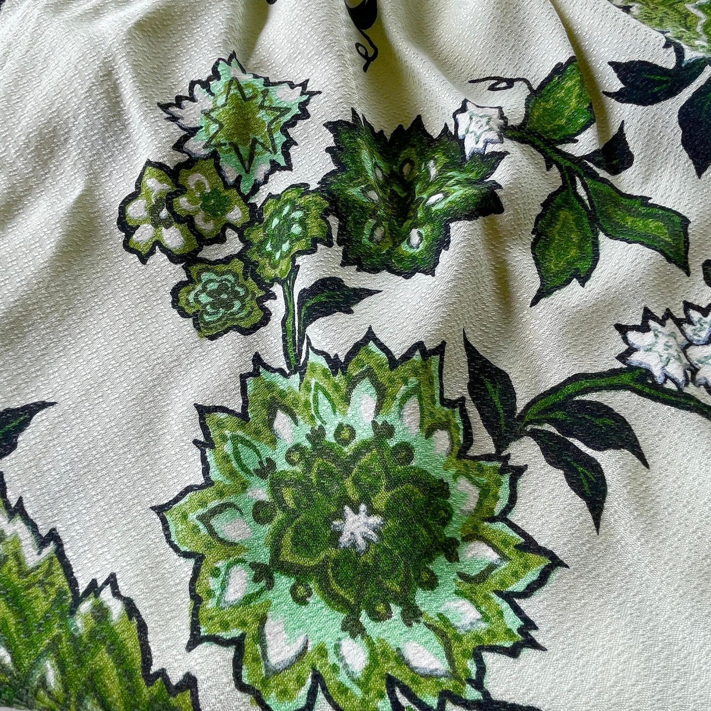 Vintage 60s pleated curtain, green and white bold floral fiberglass panel