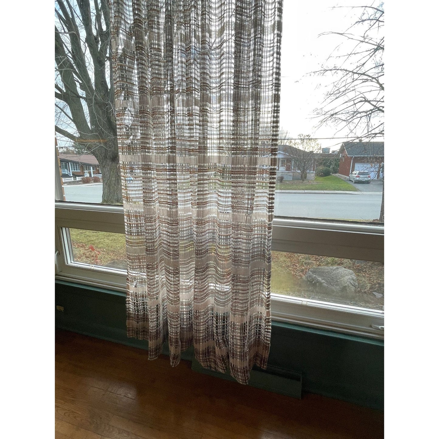 Vintage 70s pleated curtain, brown mesh panel