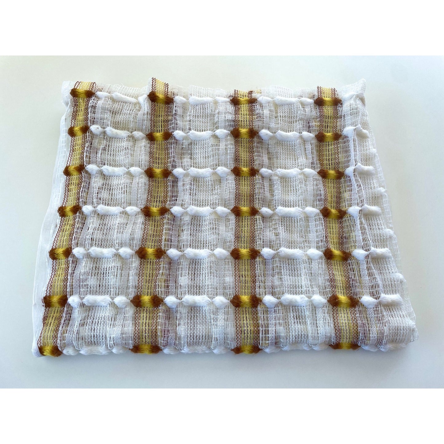 Vintage 70s curtain, orange brown geometric pattern, fluffy mesh panel