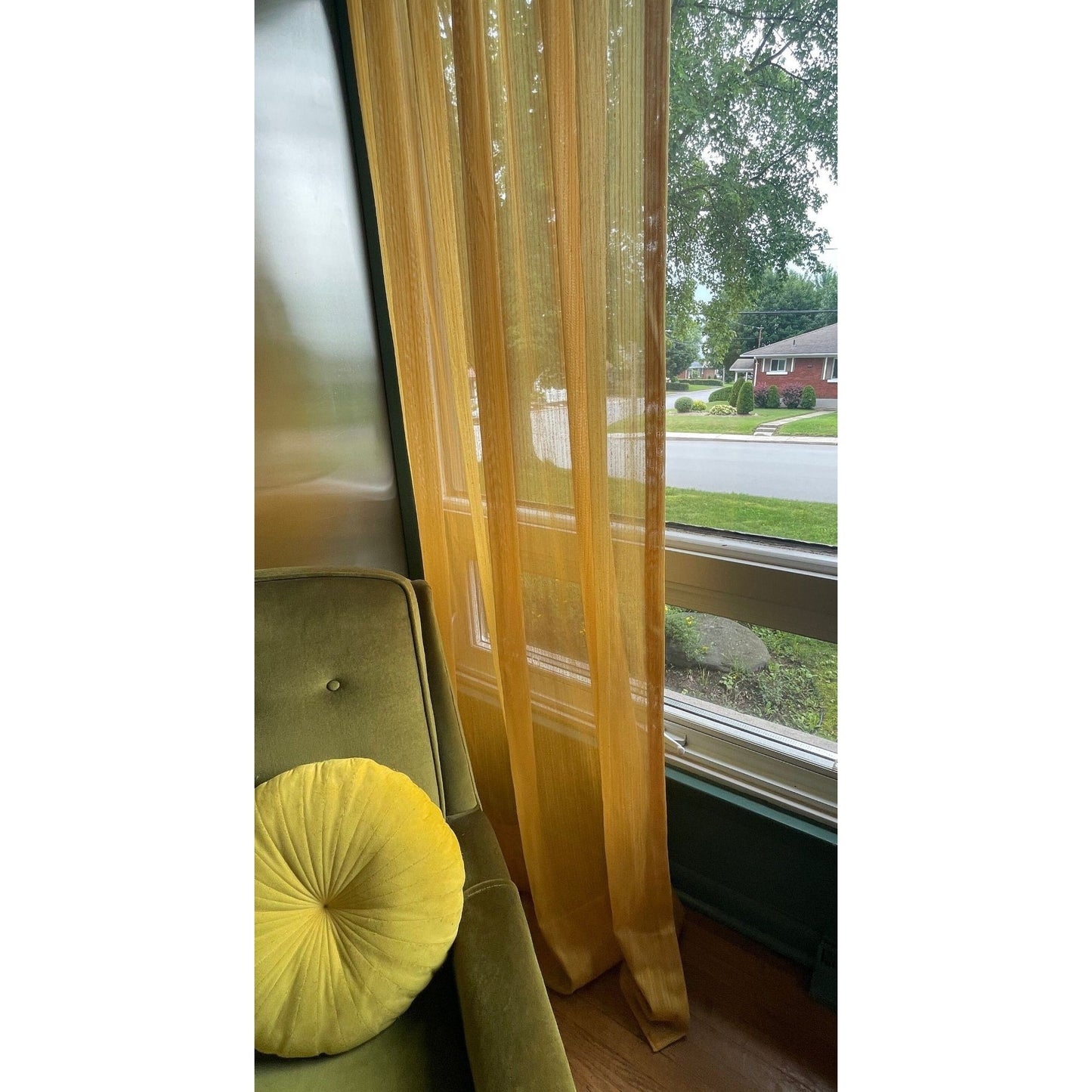 Vintage 70s pleated curtain, yellow sheer panel