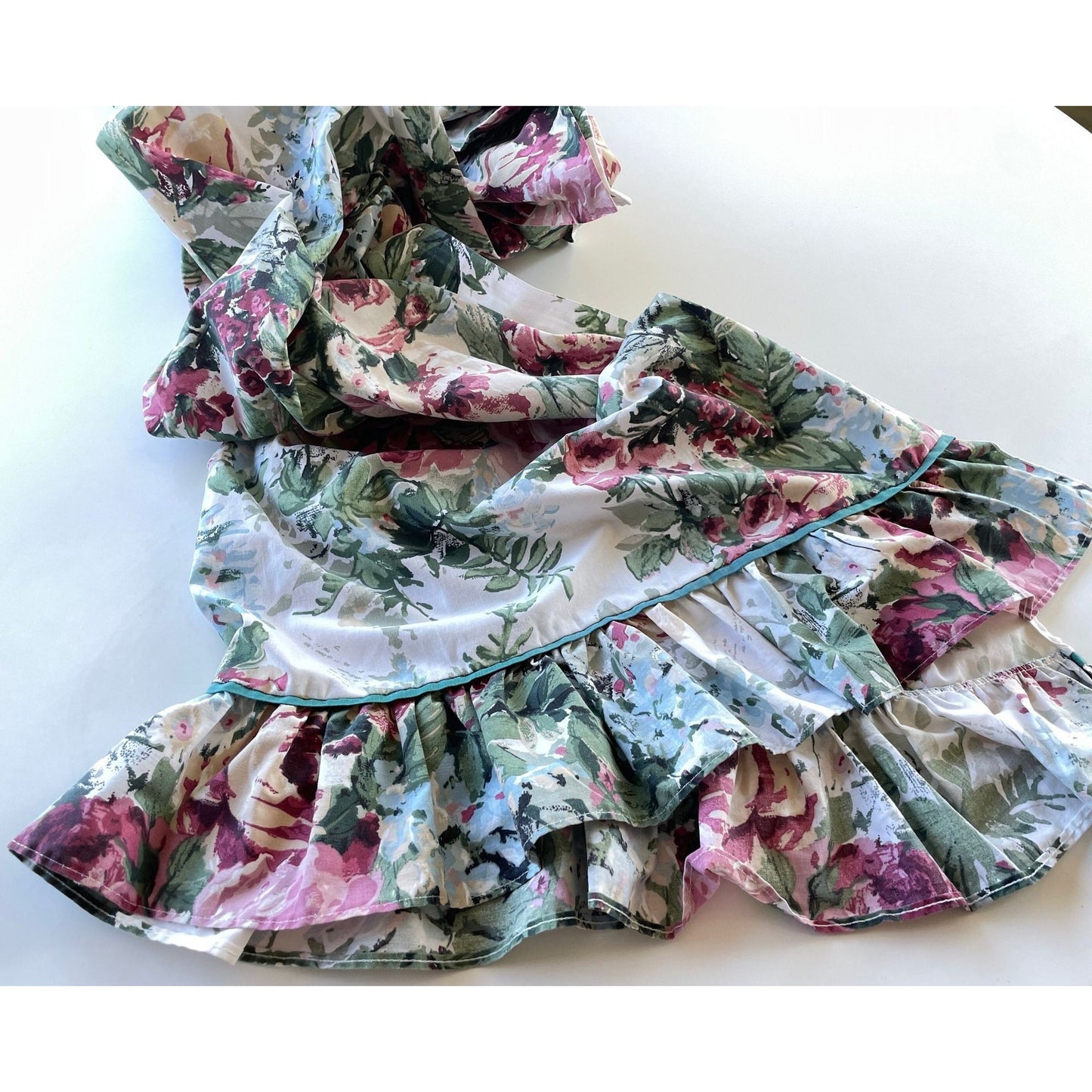 Vintage 80s curtain, green pink floral, ruffled bottom panel