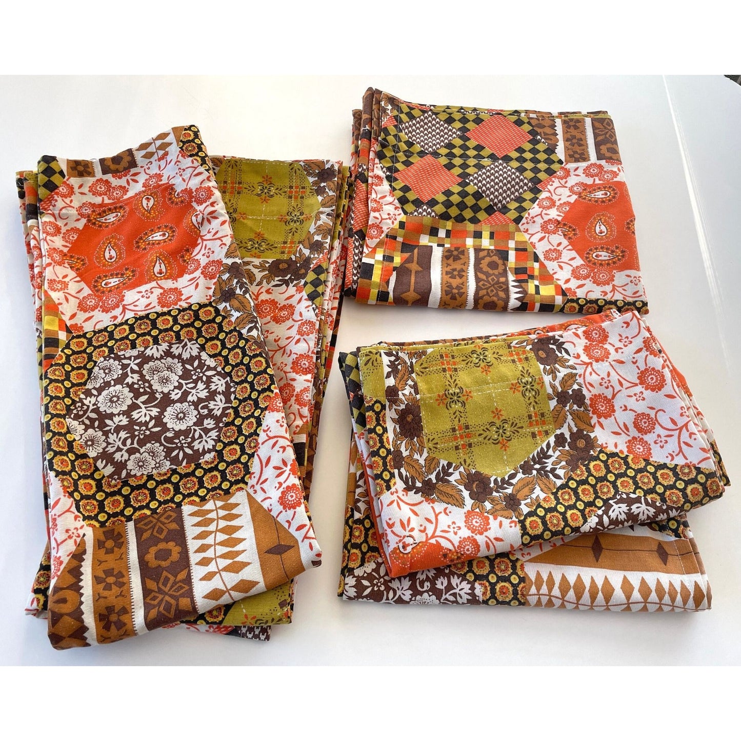 Vintage 70s faux patchwork pattern, orange and brown curtains