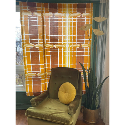 Vintage 60s orange brown geometric curtain, fiberglass panel