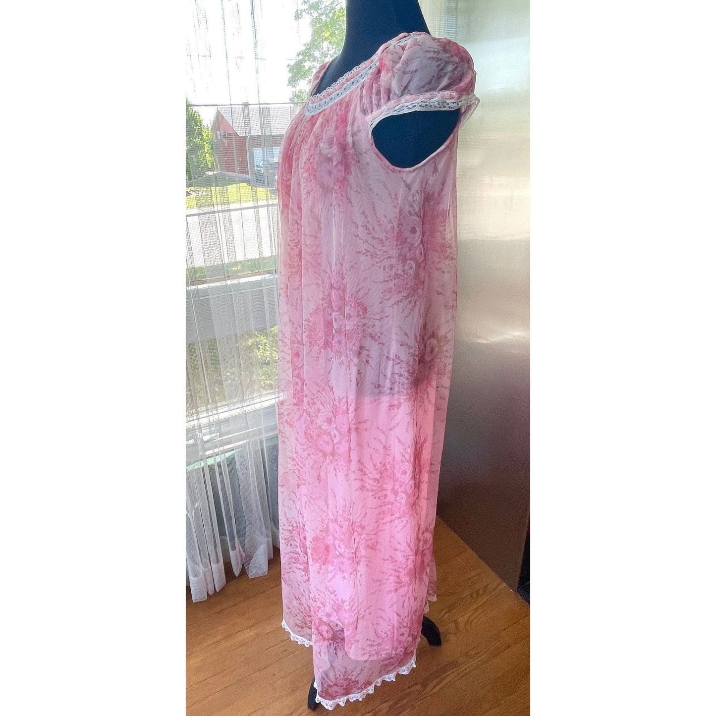 vintage 70s nightgown, pink floral double layers