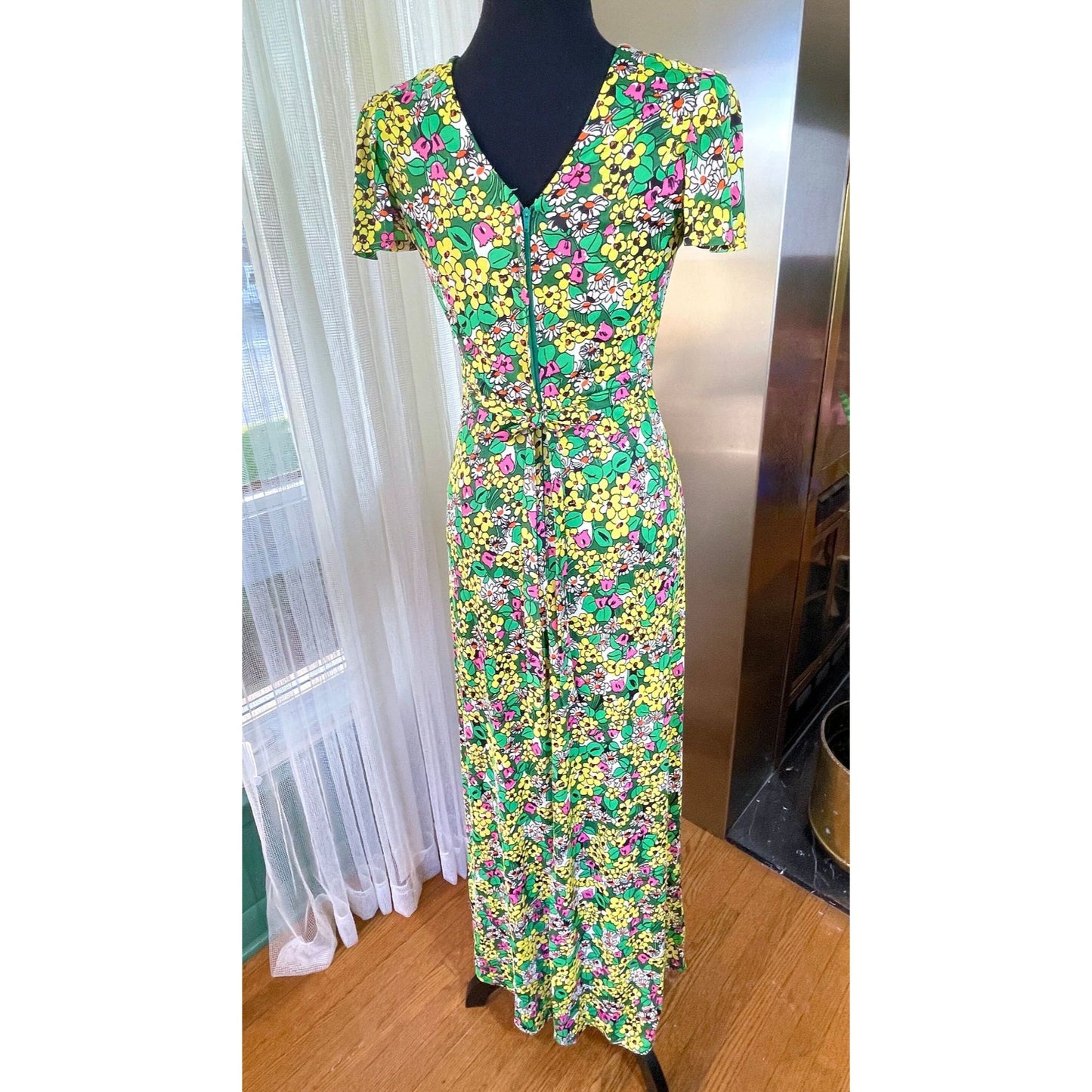 Vintage 1960s maxi dress, green, yellow and pink floral