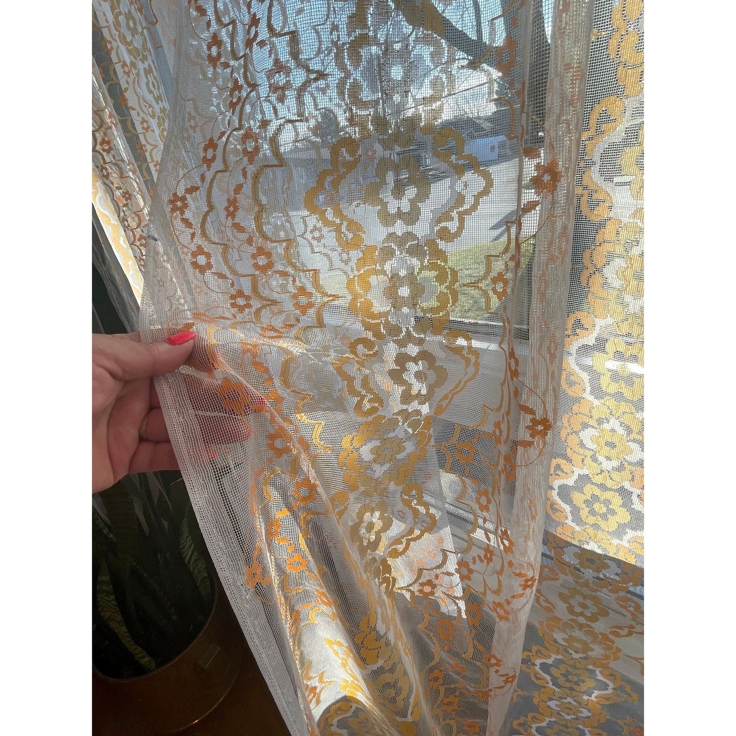 Vintage 70s mesh curtains, orange white groovy pattern, pair