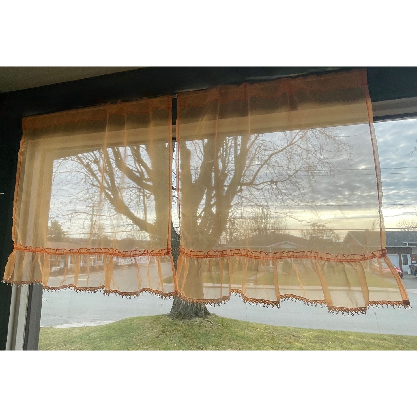 Vintage 70s curtains, pair of orange sheer ruffled panels