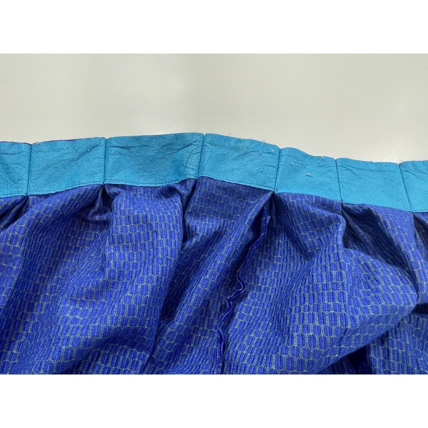 Vintage 70s pleated  curtain, indigo with white pompoms swag valance