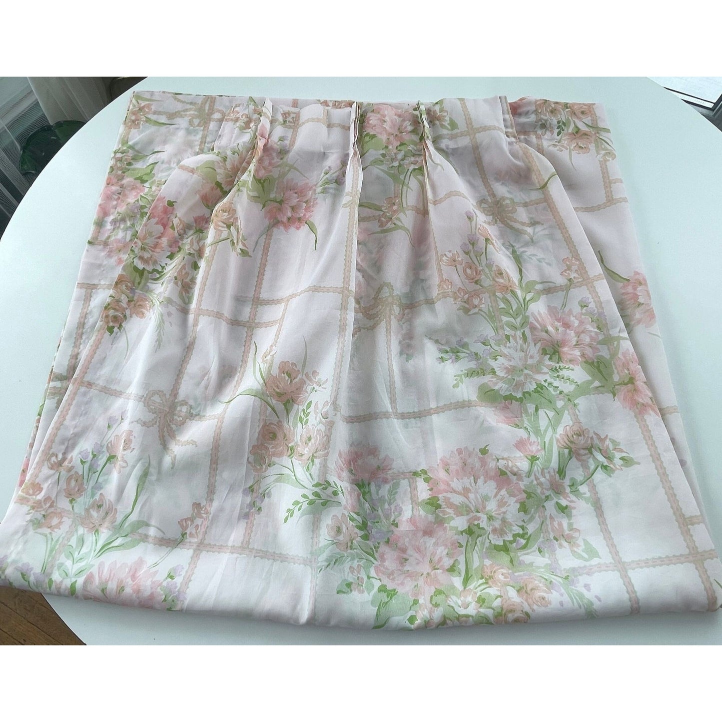 Vintage 80s pleated curtain, pink floral sheer panel