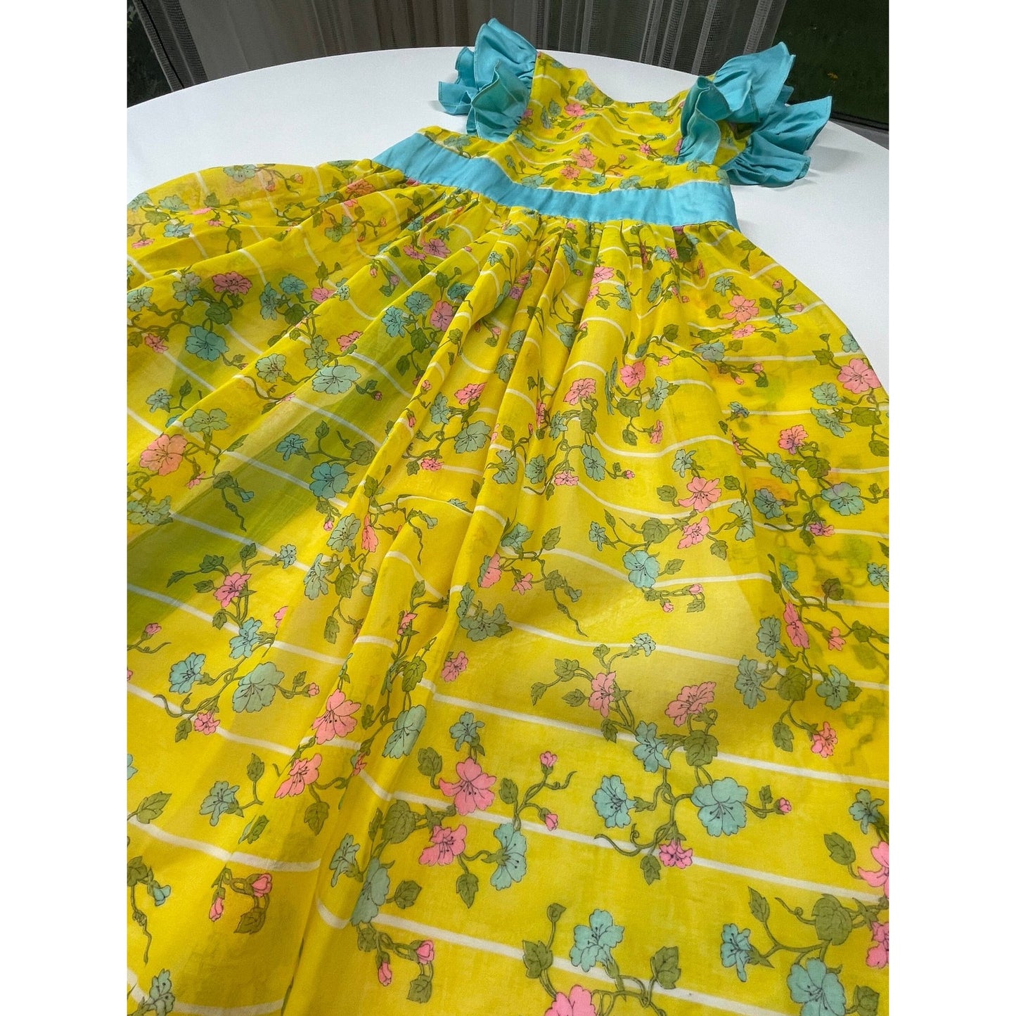 Vintage full apron, pink blue flowers, bright yellow