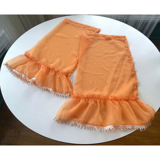 Vintage 70s curtains, pair of orange sheer ruffled panels