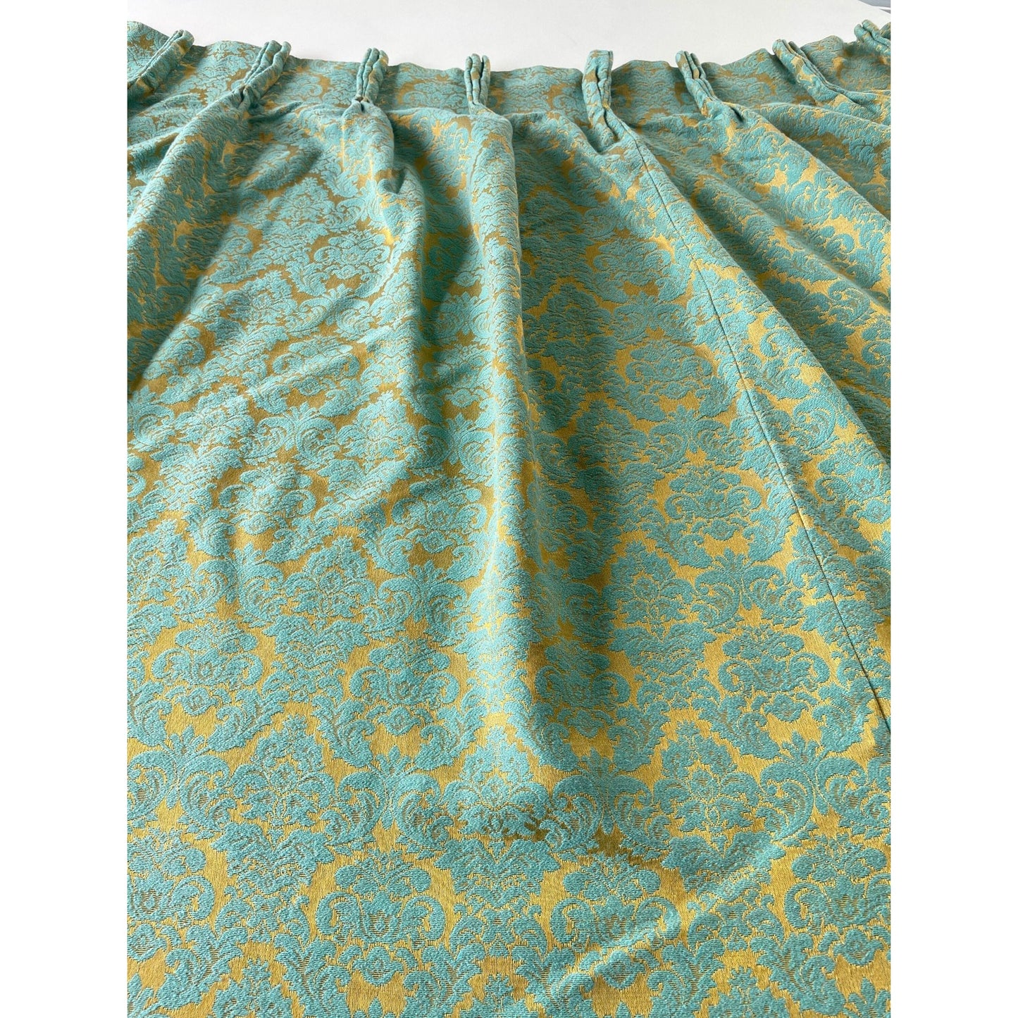 Vintage 60s pleated curtain, teal gold damask