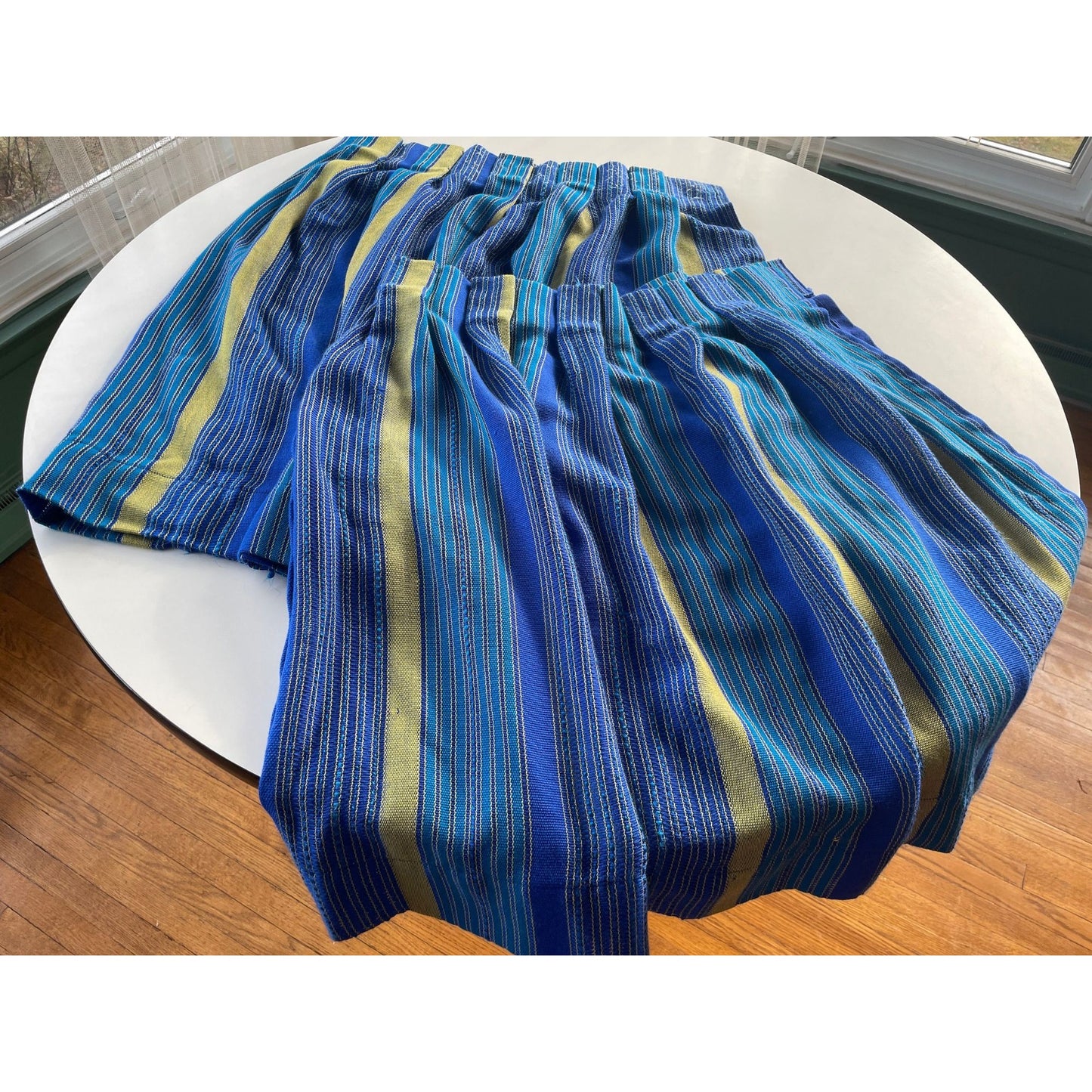 Vintage 70s pleated curtains, blue stripes, pair