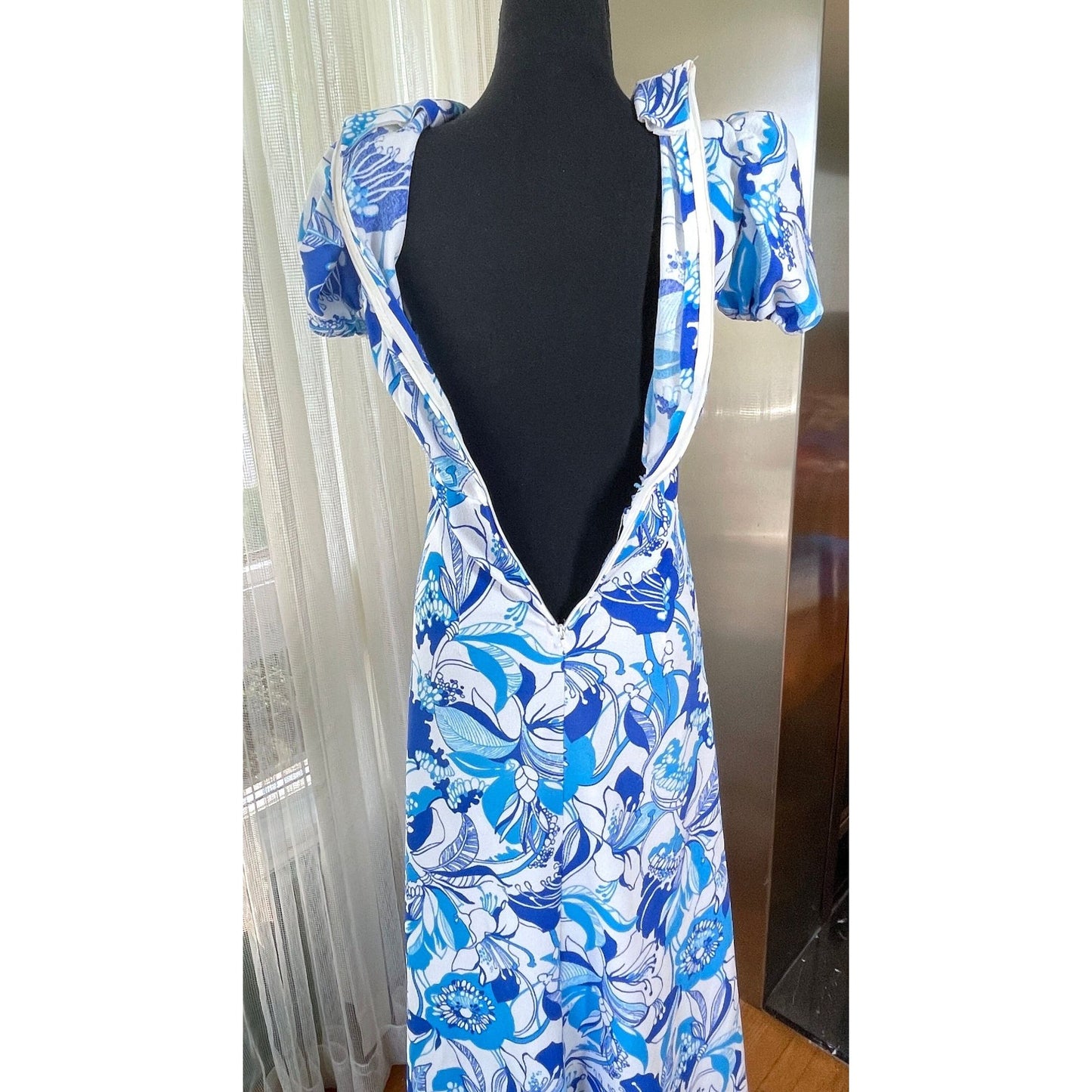 Vintage 1960s maxi dress, large tropical blue flowers