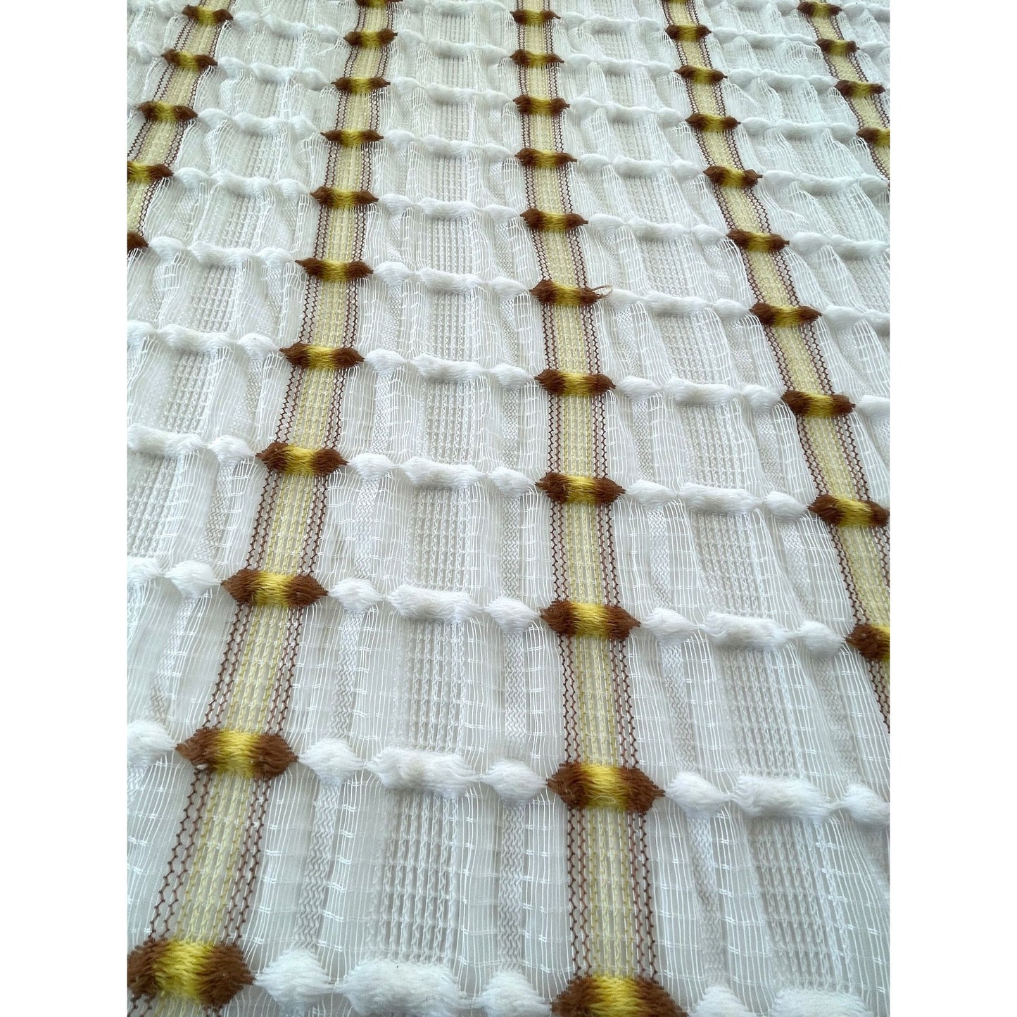 Vintage 70s curtain, orange brown geometric pattern, fluffy mesh panel