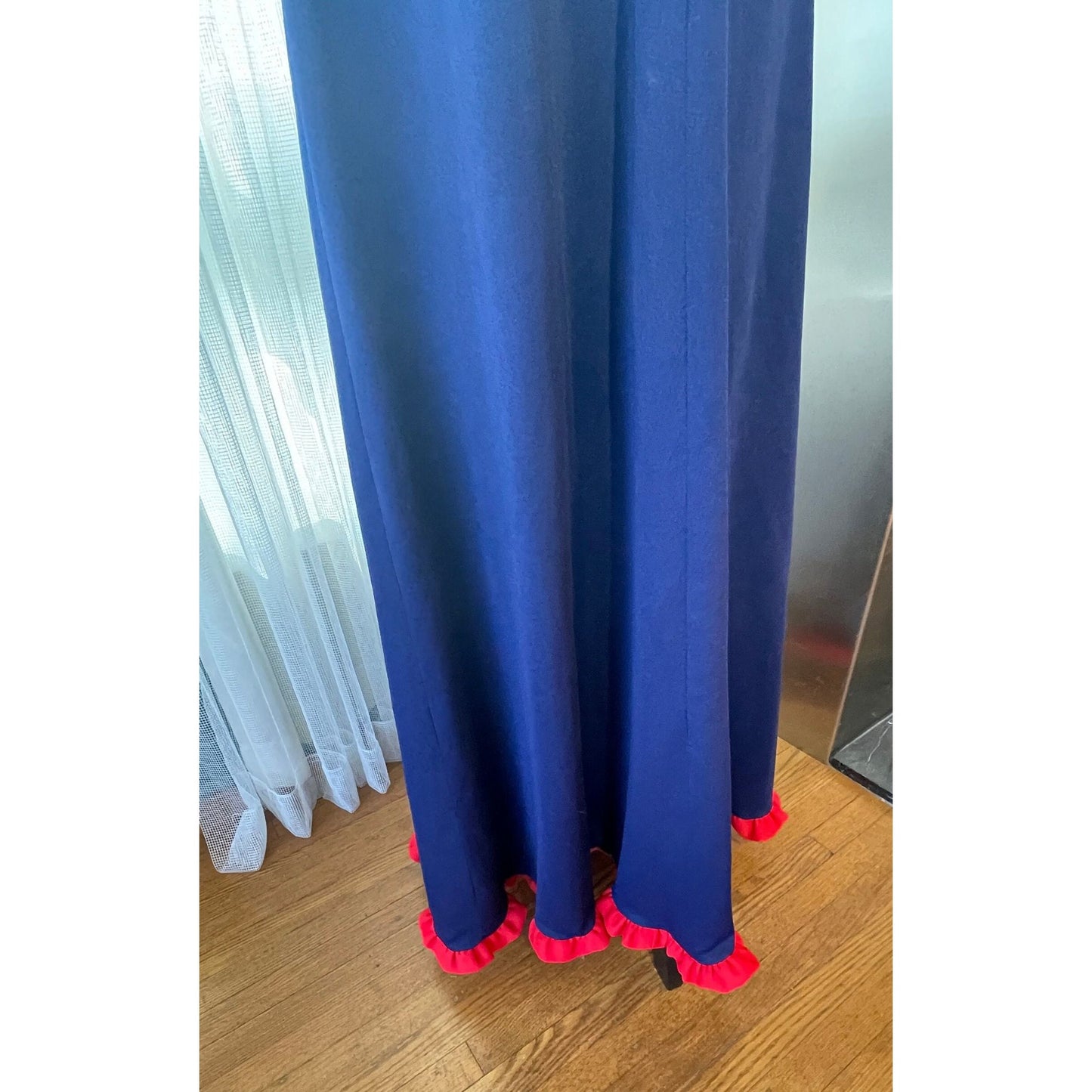 Vintage 70s halter dress, red and navy blue