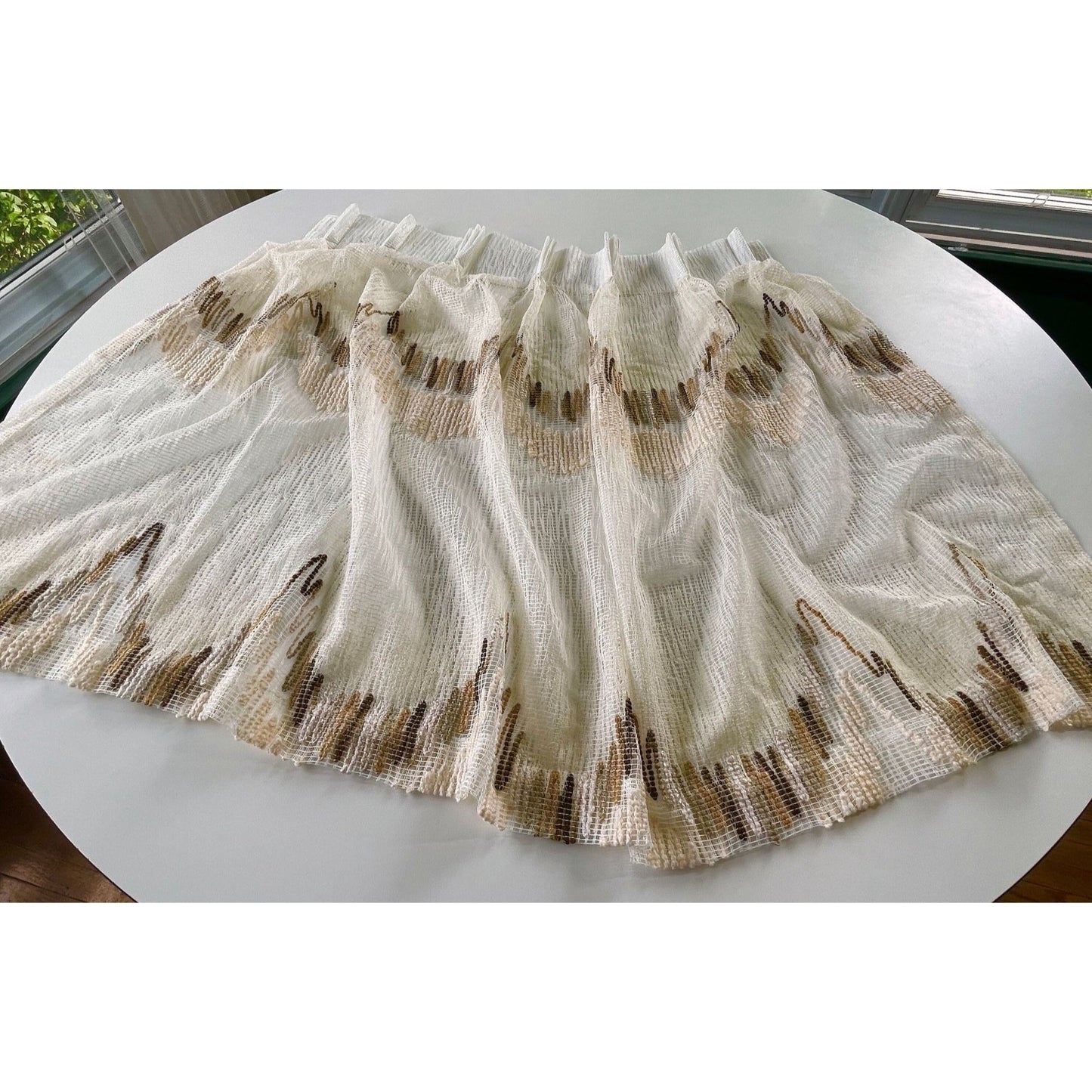 Vintage 80s pleated curtain, tan brown geometric mesh
