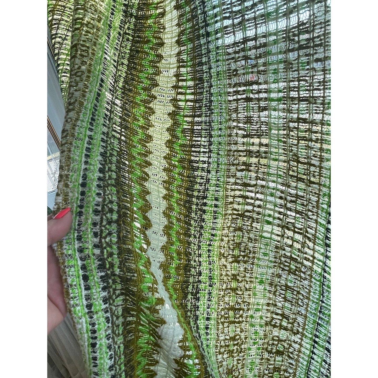 Vintage 70s curtain, green geometric pattern
